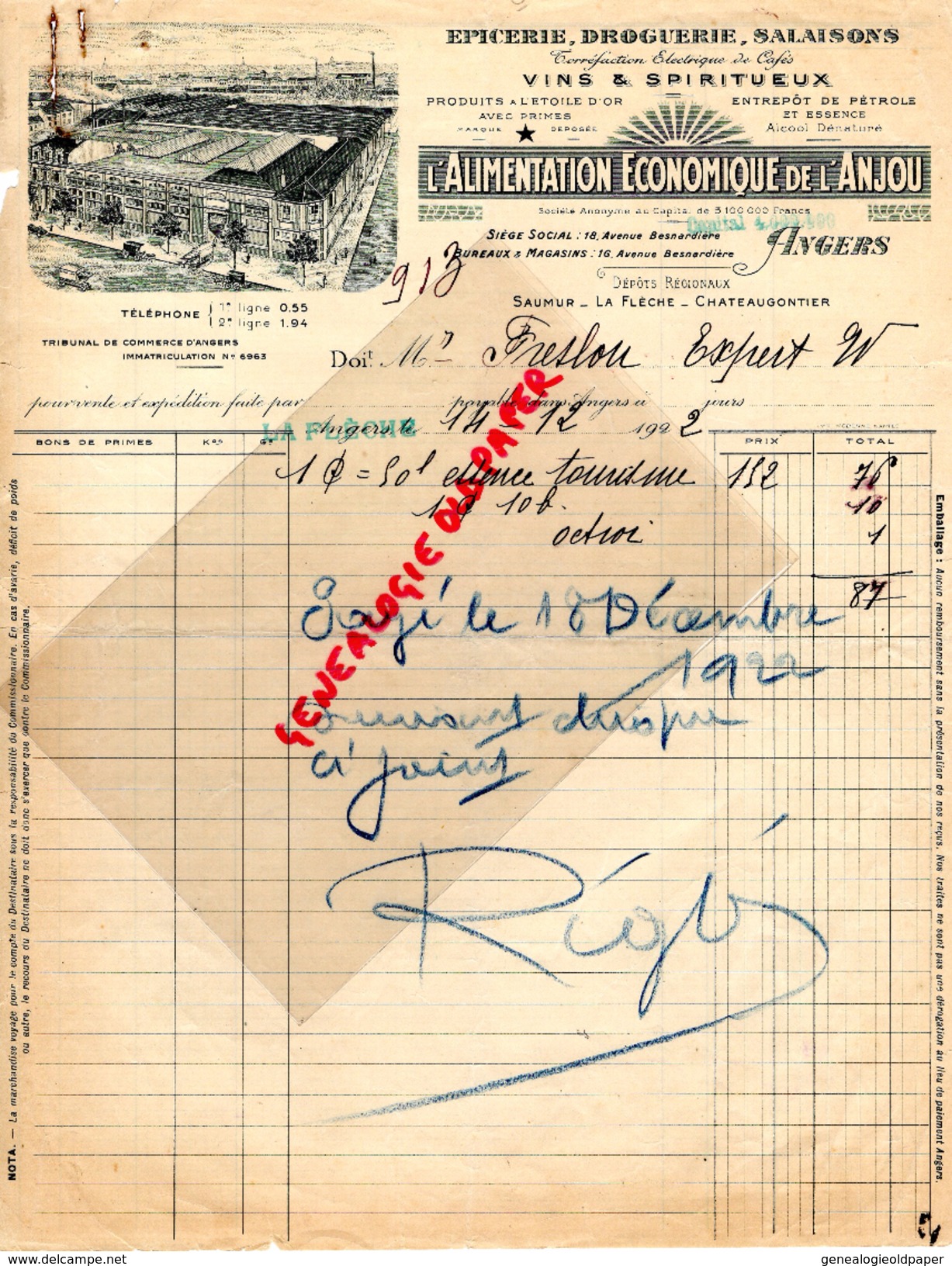 49 - ANGERS- LA FLECHE- SAUMUR- CHATEAUGONTIER- FACTURE ALIMENTATION ECONOMIQUE DE L' ANJOU- EPICERIE DROGUERIE - 1922 - Profumeria & Drogheria