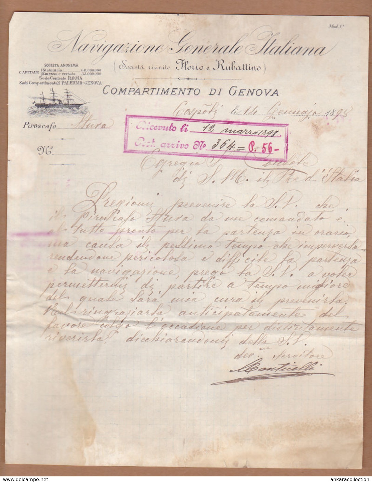 AC - NAVIGAZIONE GENERALE ITALIANA 1898 FLORIO E RUBATTINO COMPARTIMENTO DE GENOVA - Italia