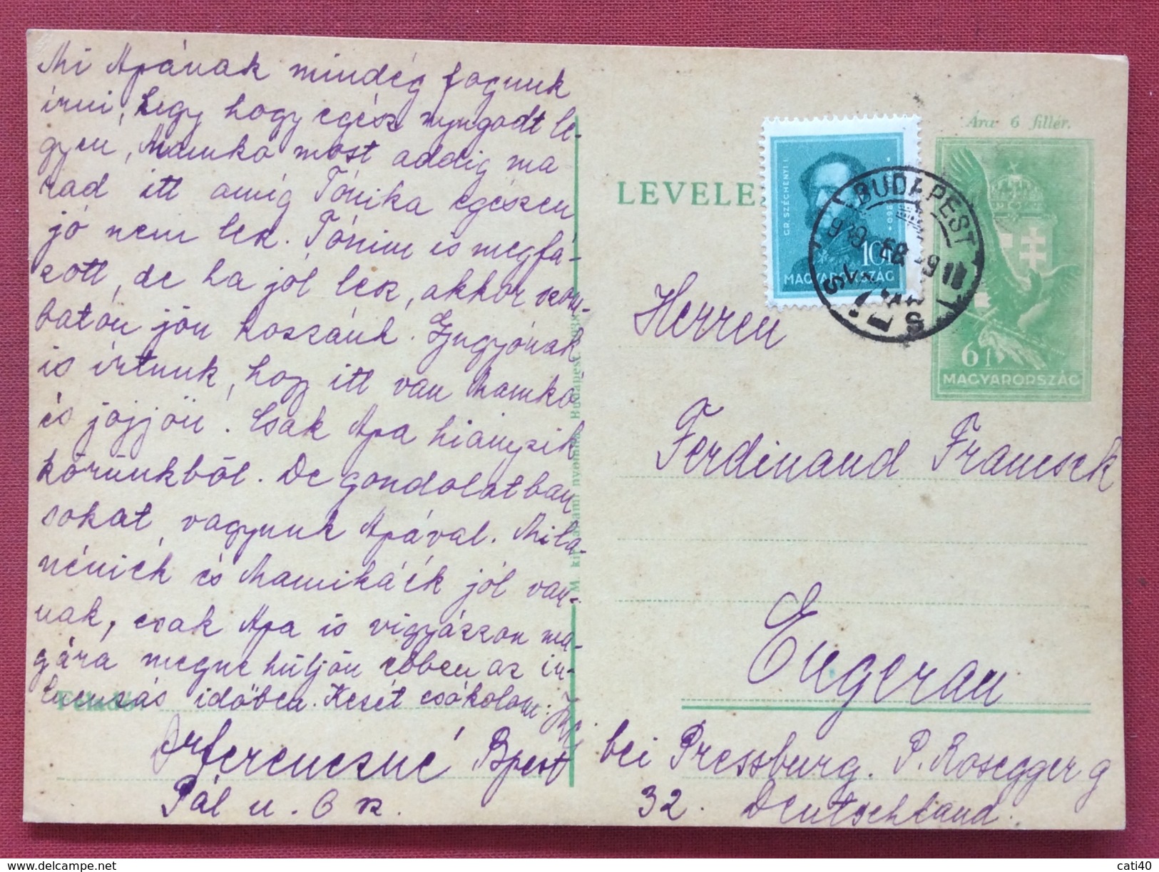 UNGHERIA HUNGRY  CARTOLINA  POSTALE  6 F + 10 . DA BUDAPEST PER ENGERAU (PETR&#x17D;ALKA) IN DATA 9/2/1939 - Covers & Documents