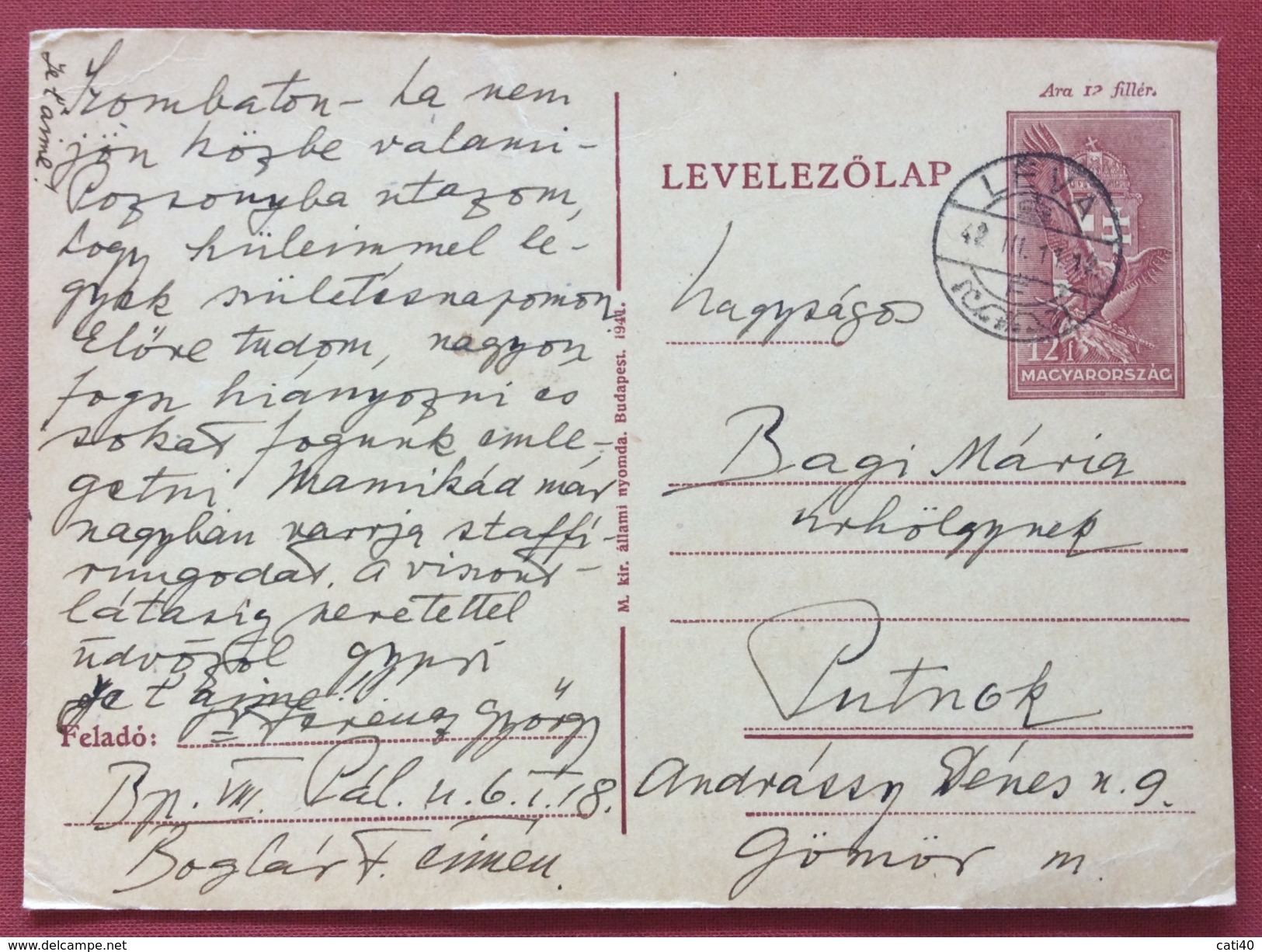 UNGHERIA HUNGRY  CARTOLINA  POSTALE  12 F DA  LEVA LEVICE A PUTNOK  IN DATA 10/3/1942 - Covers & Documents