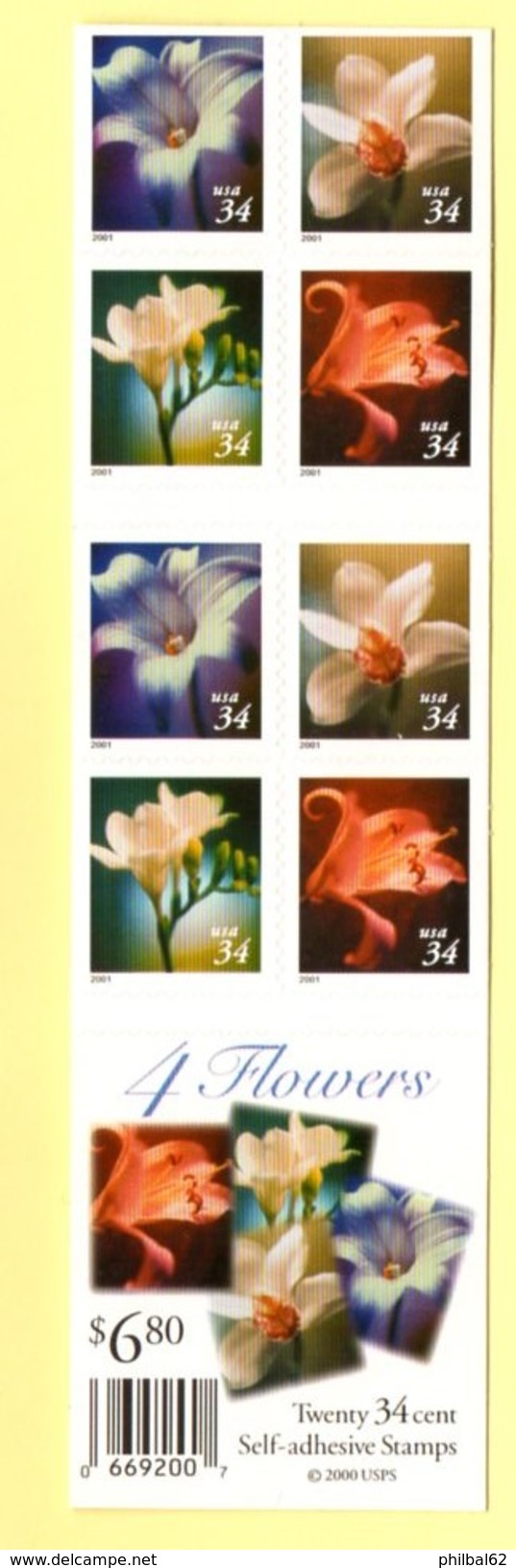 Etats-Unis, Carnet C 3181, Année 2001. 5 Séries 3181/84 **. Flowers - Fleurs : Lis Bleu, Orchidée, Freesia, Lis Orangé. - 1981-...