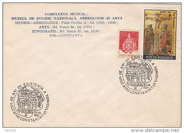 CONSTANTA-TOMIS TOWN ANNIVERSARY SPECIAL POSTMARK, FLASK, ICON STAMPS ON COVER, 1991, ROMANIA - Covers & Documents