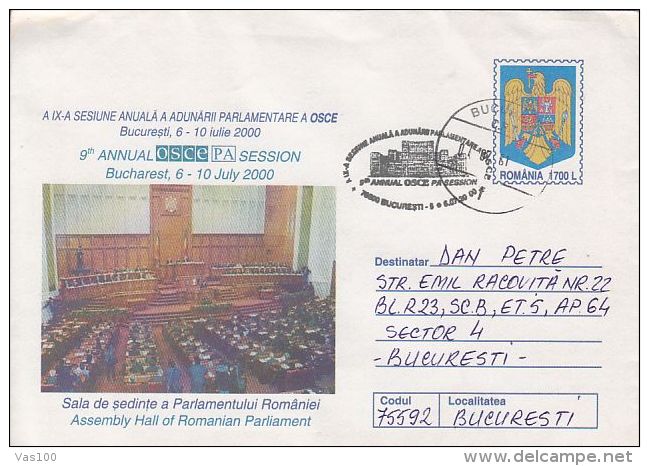 OSCE PARLIAMENTARY MEETING, ROMANIAN PARLIAMENT, COVER STATIONERY, ENTIER POSTAL, 2000, ROMANIA - Ganzsachen