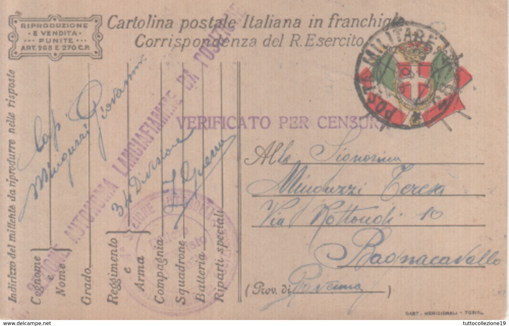 VENDO N.1CARTOLINA MILITARE IN FRANCHIGIA.CON POSTA MILITARE.N.28 DELLA SEZIONE LANCIAFIAMME - Guerra 1914-18