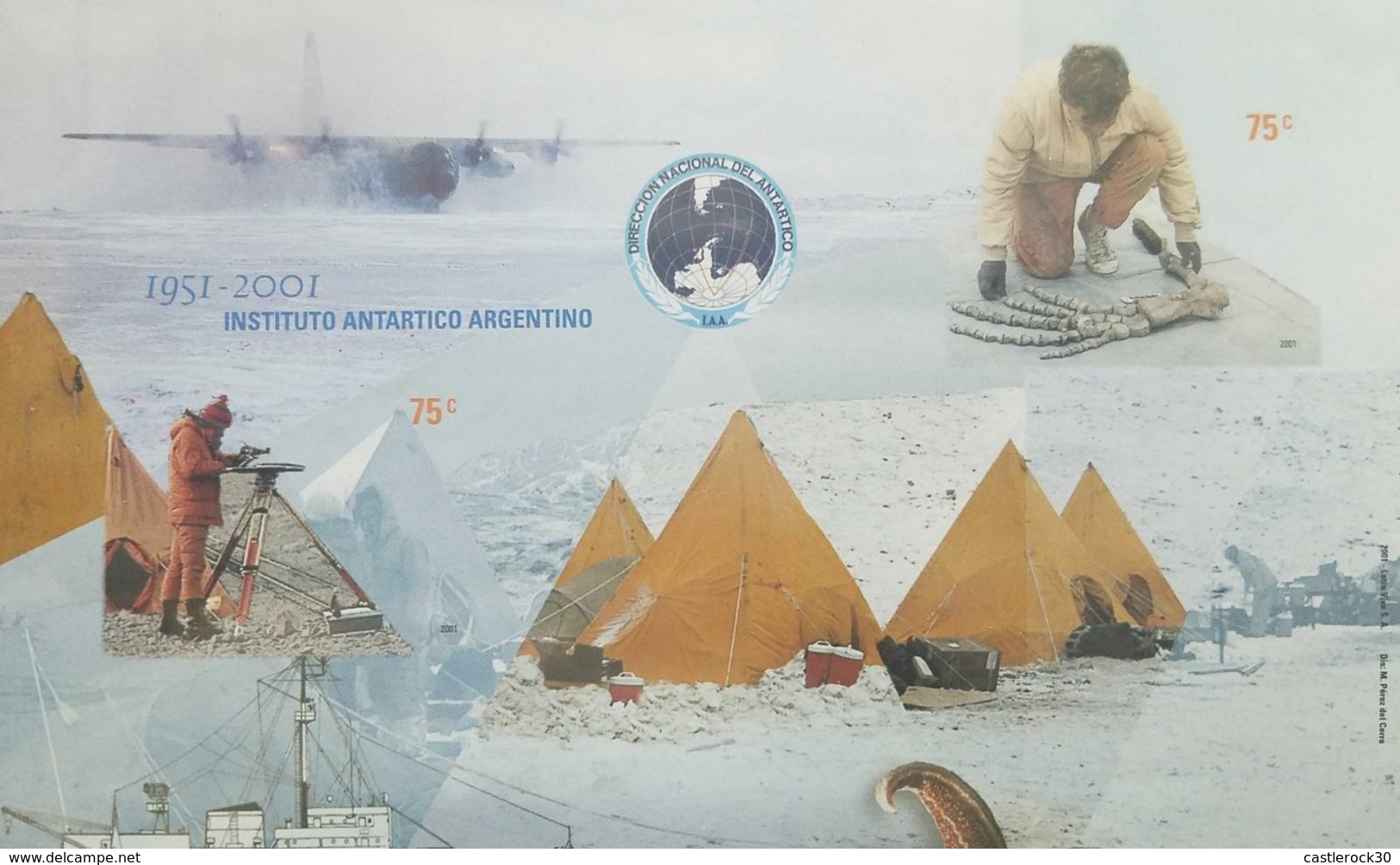 O) 2001 ARGENTINA, IMPERFORATE, PREHISTORIC ANIMAL FOSIL OF THE ANTARCTICA- SCIENTIST WITH MAPPING EQUIPMENT, BASE MARAM - Unused Stamps