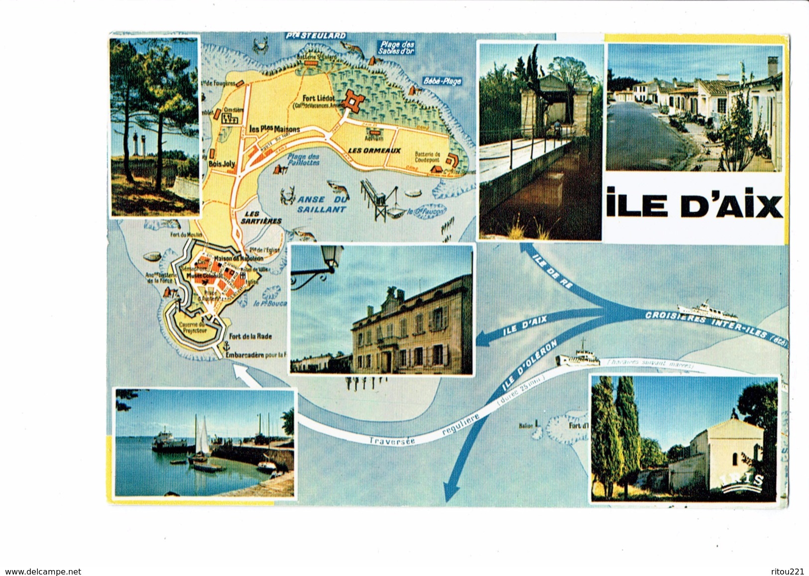 Cpm - 17 -  Ile D'AIX - Carte Géographique - Dessin Coquillage Grue - Phare ^pont Levis Port Eglise - Autres & Non Classés