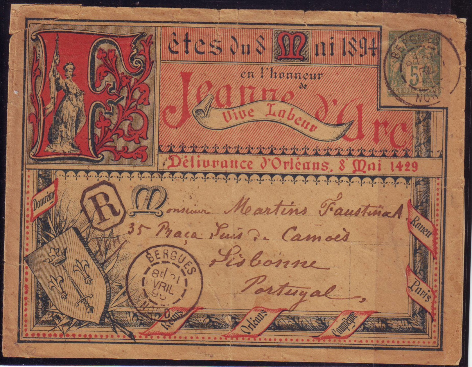 Entier 5c Sage FETES DE JEANNE D' ARC 1894 , Obl BERGUES NORD POUR LE PORTUGAL Le Plus Bel Entier Francais Lettre - 1876-1898 Sage (Type II)