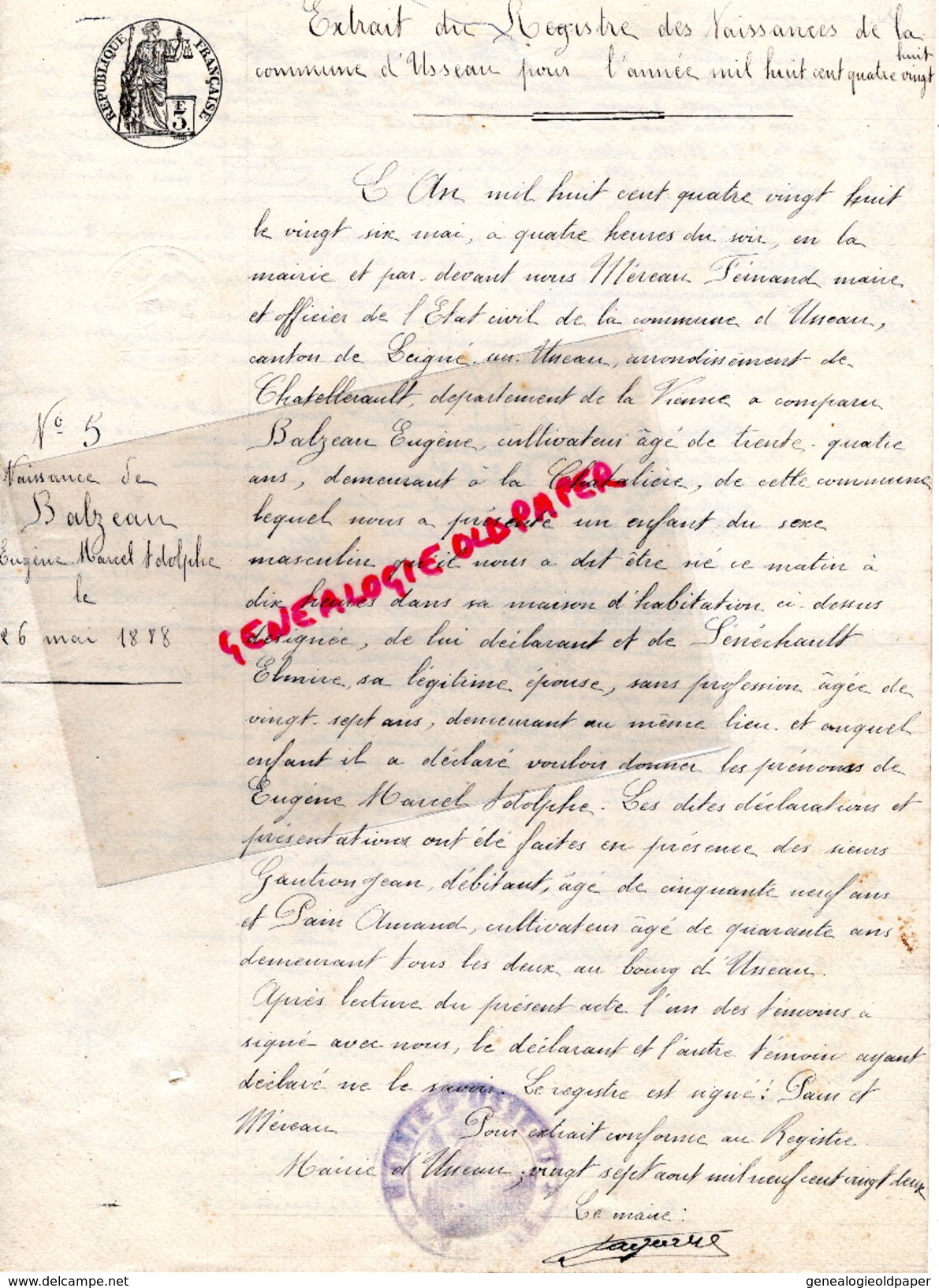 86-  USSEAU- EXTRAIT REGISTRE NAISSANCES LE 26 MAI 1888- EUGENE MARCEL ADOLPHE BALZEAU- LA CHATELIERE- ELVIRE SENECHAULT - Historical Documents