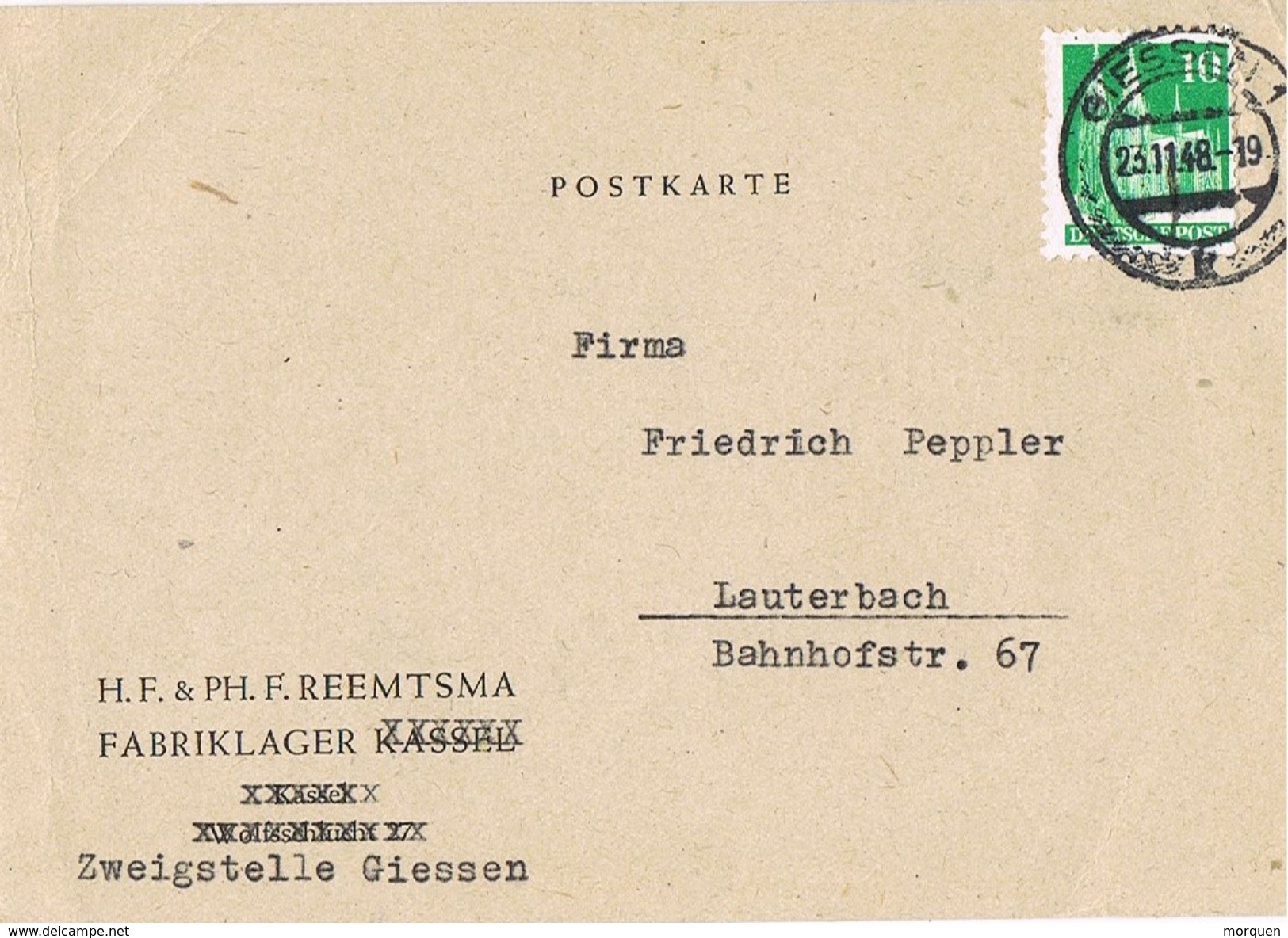 24466. Tarjeta Privada GIESSEN (alemania Zona Anglo Americana) 1948. Fabriklager - Otros & Sin Clasificación