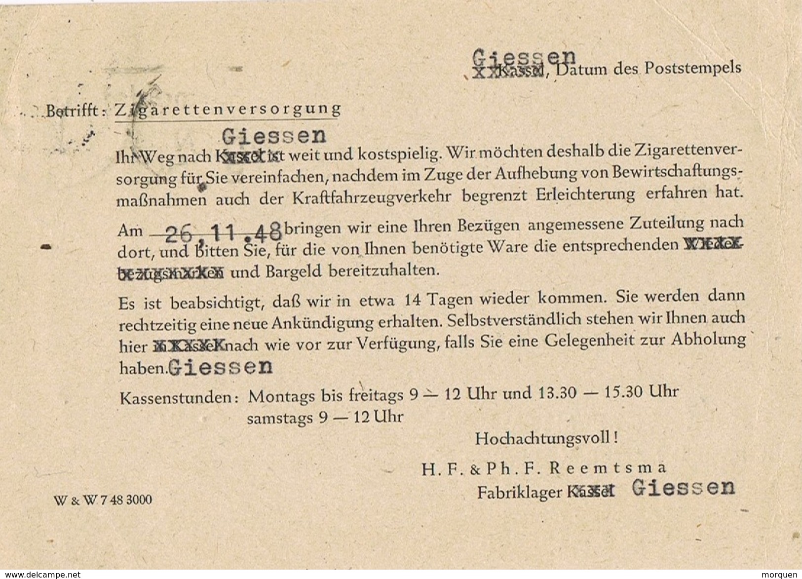 24466. Tarjeta Privada GIESSEN (alemania Zona Anglo Americana) 1948. Fabriklager - Otros & Sin Clasificación