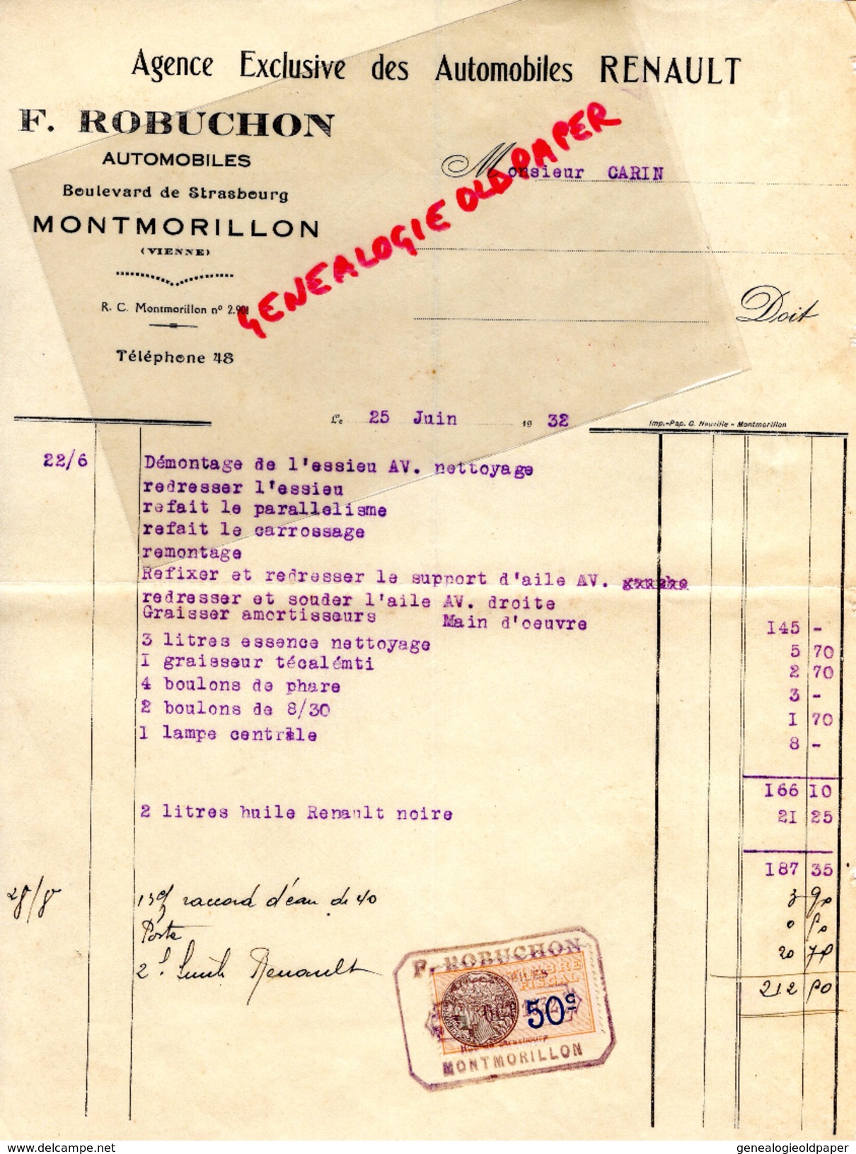 86- MONTMORILLON- FACTURE AUTOMOBILES RENAULT- F. ROBUCHON-BD STRASBOPURG- 1932 - Cars