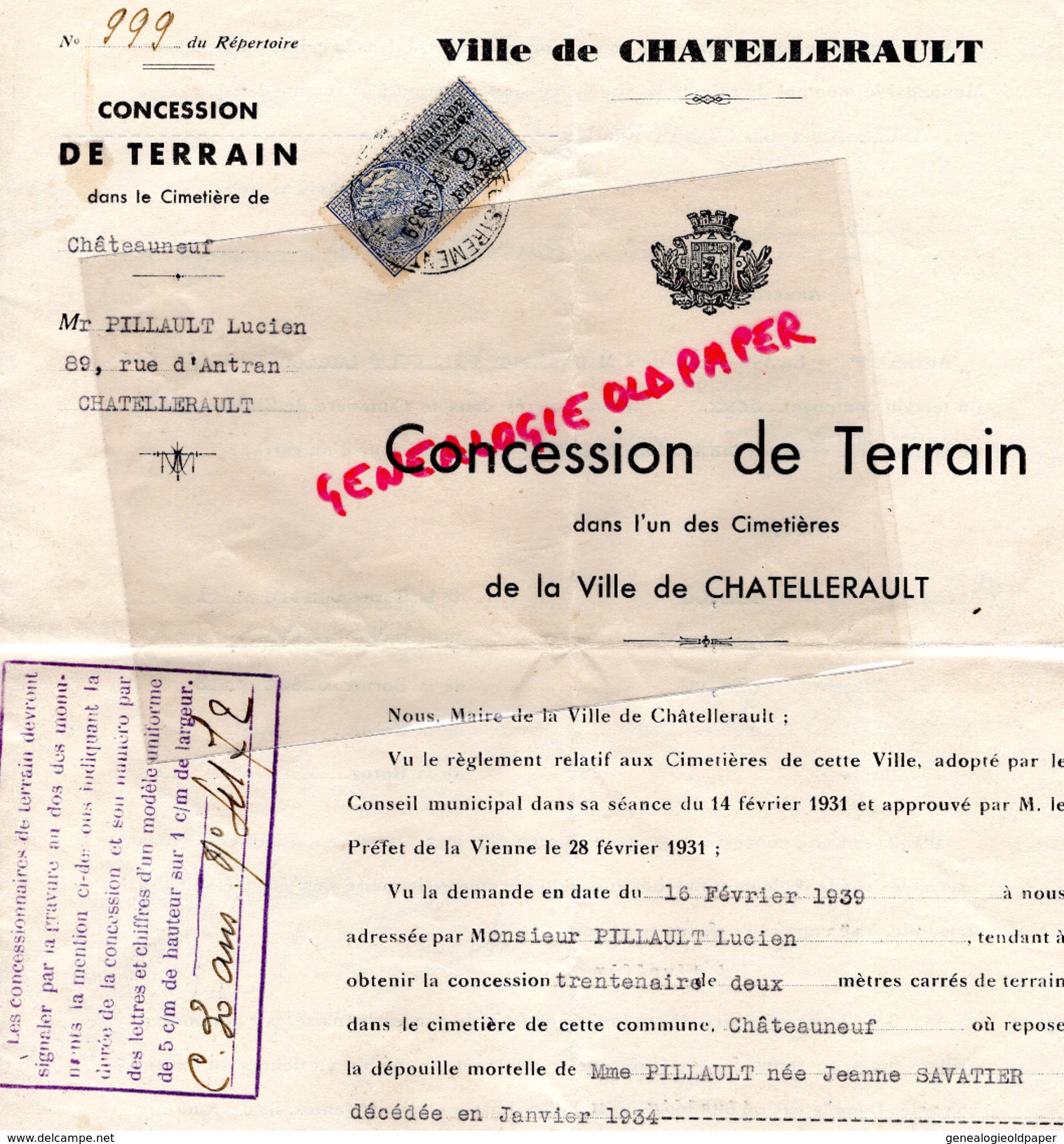 86- CHATELLERAULT- CONCESSION DE TERRAIN CIMETIERE CHATEAUNEUF- LUCIEN PILLAULT- JEANNE SAVATIER 1939 - Historical Documents