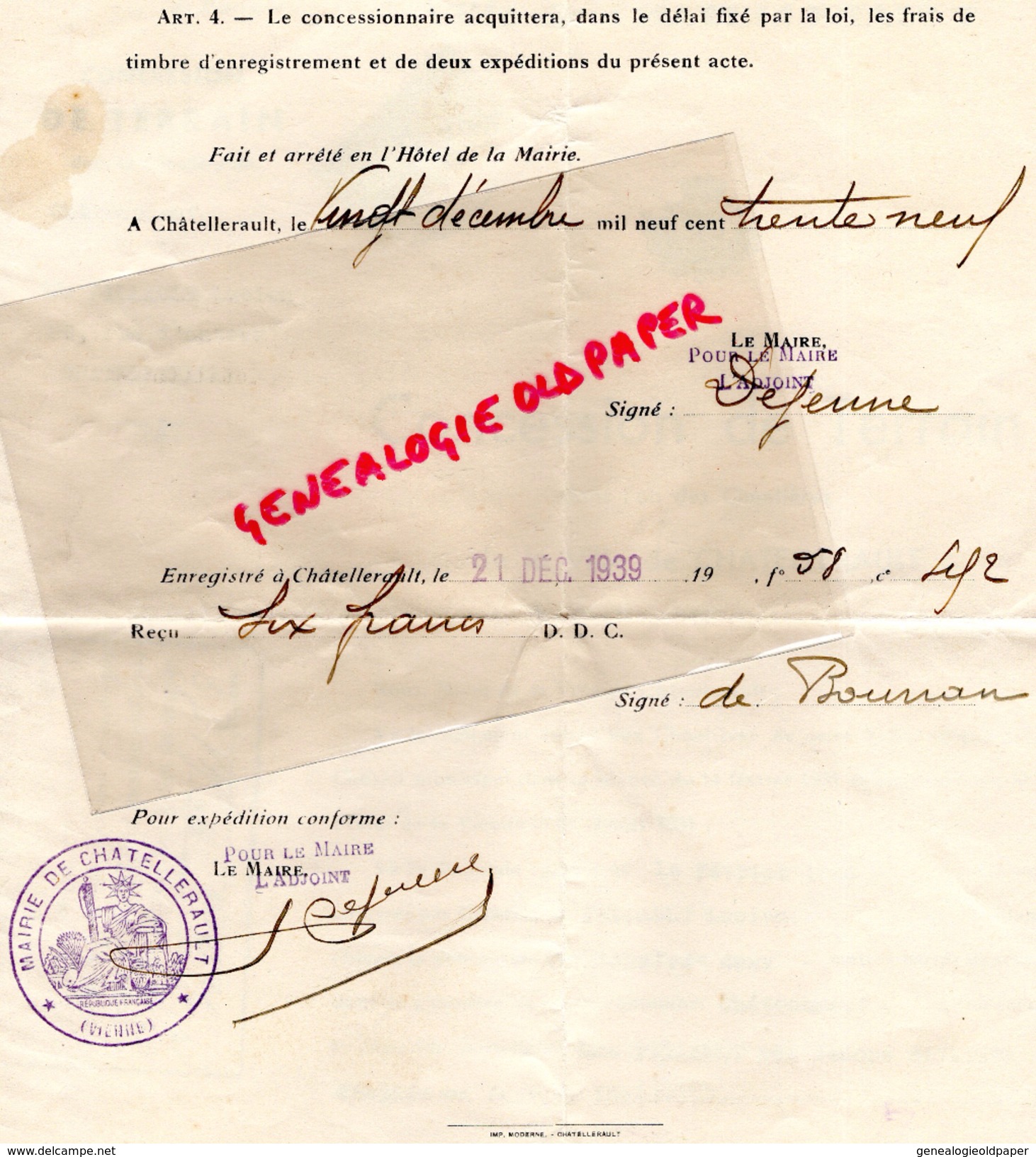 86- CHATELLERAULT- CONCESSION DE TERRAIN CIMETIERE CHATEAUNEUF- LUCIEN PILLAULT- JEANNE SAVATIER 1939 - Historical Documents