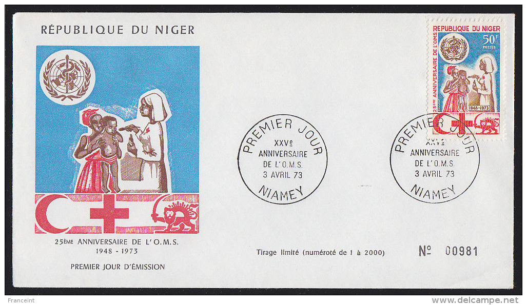 NIGER (1973) Nurse Treating Patient*.  FDC.  WHO 25th Anniversary.  Scott No 272, Yvert No 275. - Niger (1960-...)