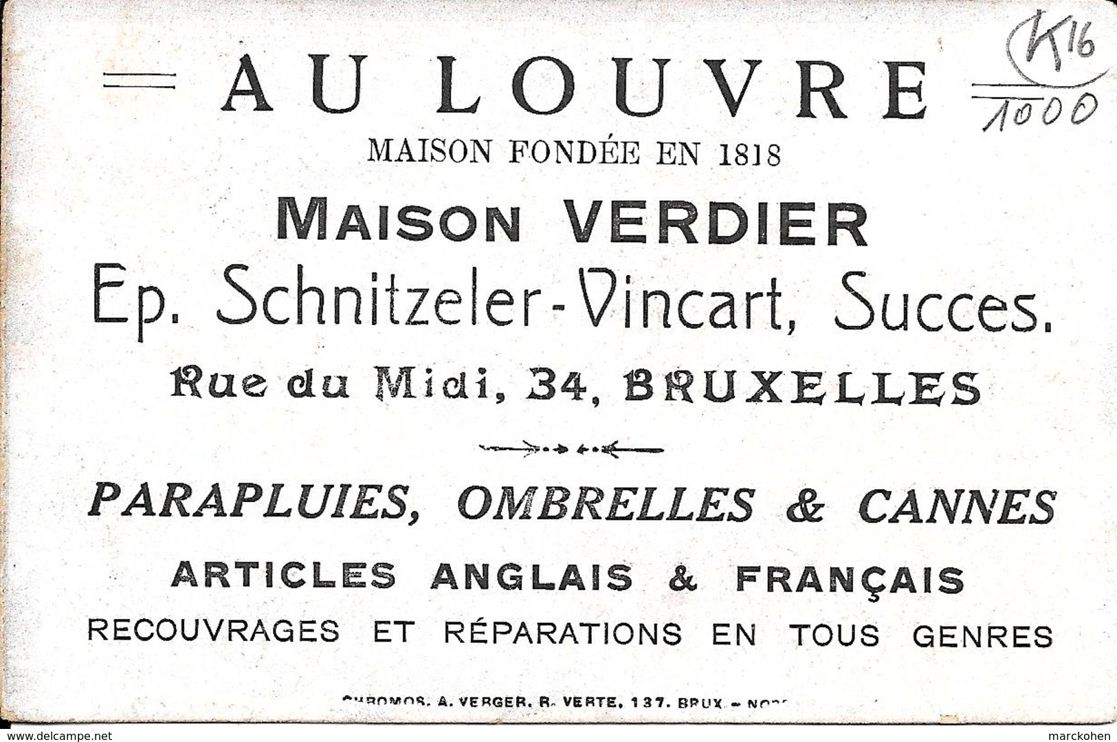 BRUXELLES (1000) : Parapluies, Ombrelles Et Cannes - Pub Pour Le Magasin "Au Louvre", 34 Rue Du Midi. Verso Art Nouveau. - Advertising