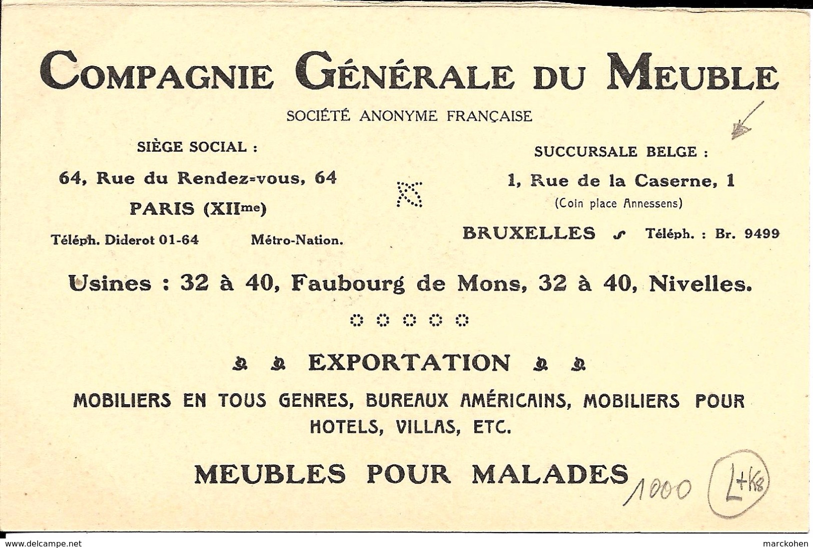 BRUXELLES (1000): Mobiliers En Tous Genres - Rare Pub Du Magasin De La Compagnie Générale Du Meuble, 1 Rue De La Caserne - Straßenhandel Und Kleingewerbe