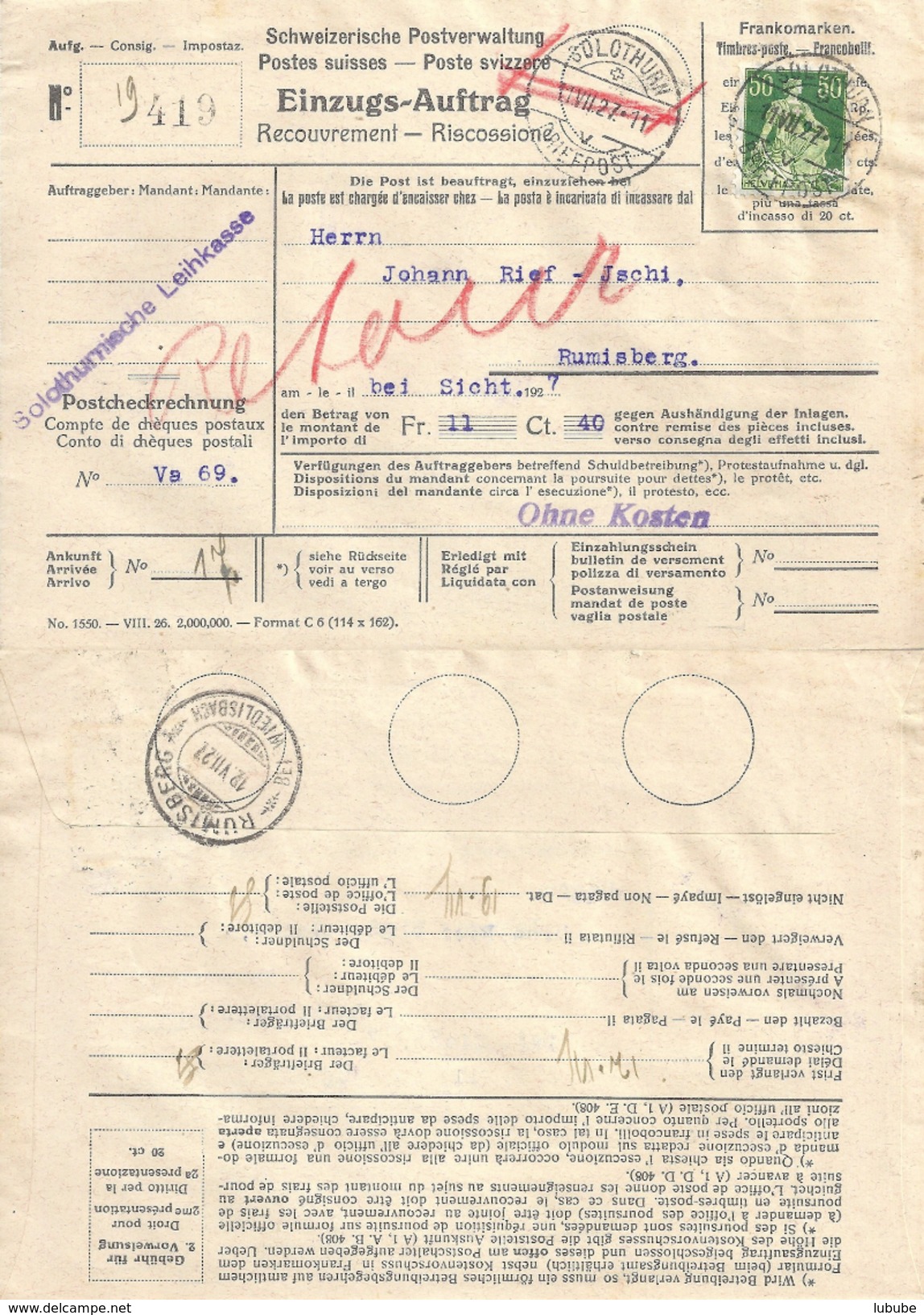 R Einzugsauftrag  Solothurn - Rumisberg  (Retour)            1927 - Briefe U. Dokumente