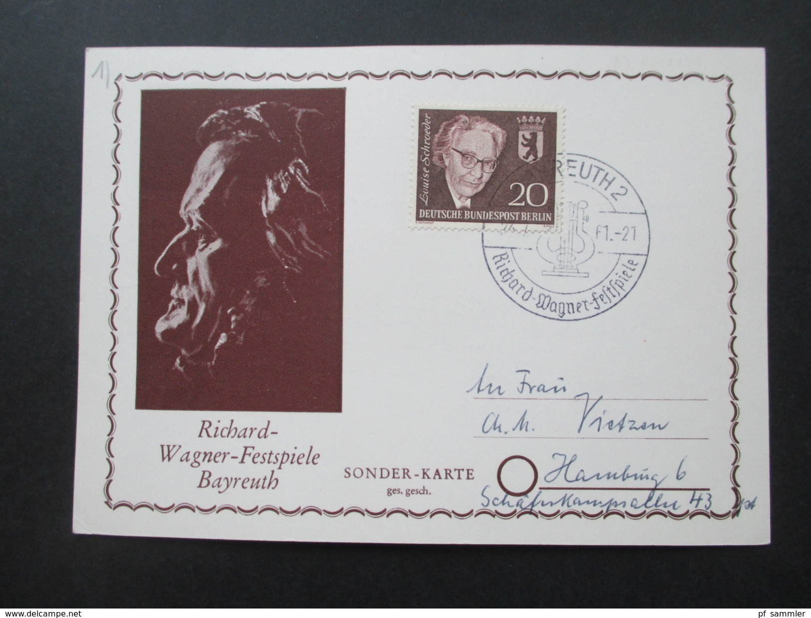 Berlin 1961 Nr. 198 Sonderkarte Richard Wagner Festspiele Bayreuth. Sonderstempel. - Cartas & Documentos