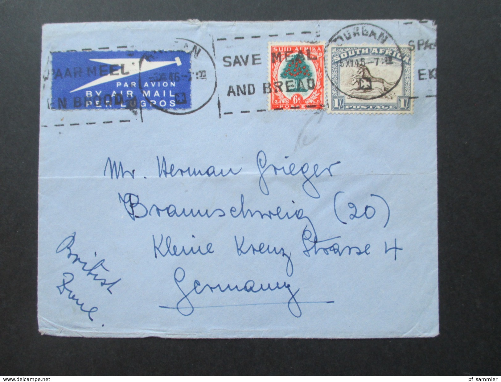 GB Kolonie Süd Afrika 1946 Beleg Durban - Braunschweig Britische Zone. Luftpost - Lettres & Documents