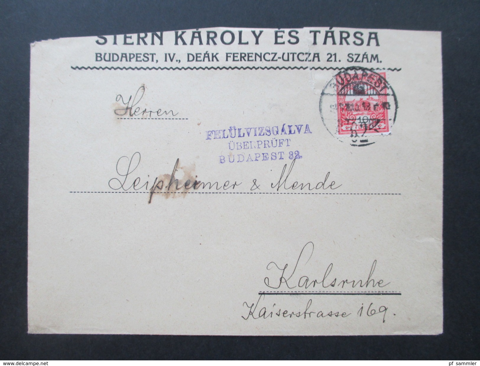 Ungarn 1918 Beleg / Zensutbeleg. Felülvizsgalva überprüft Budapest 32. Nach Karlsruhe. - Lettres & Documents
