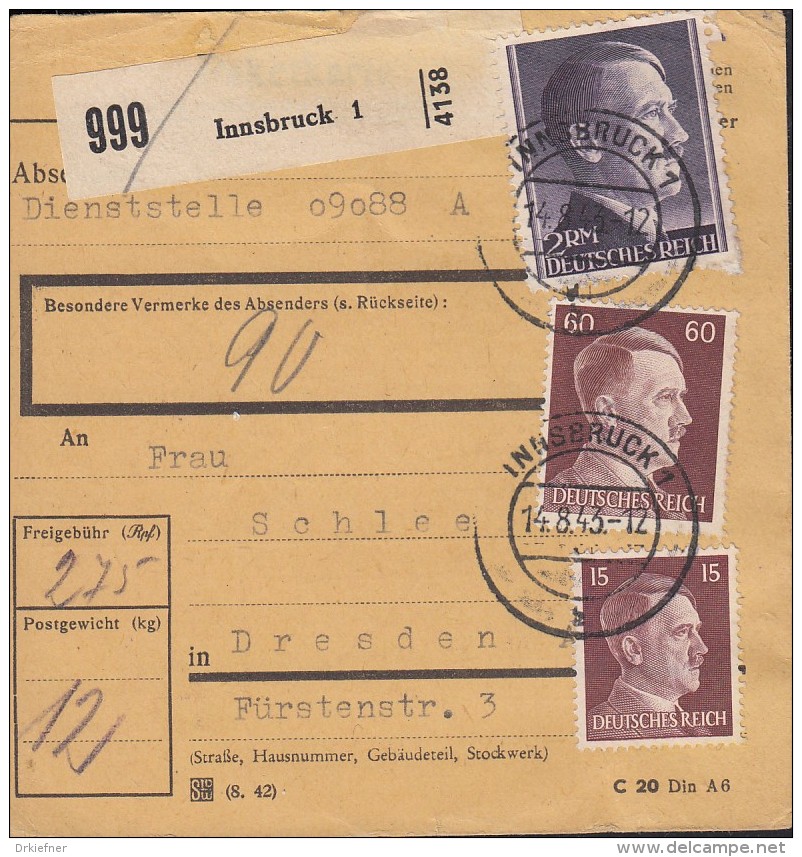 DR  789, 797, 800 A MiF Auf Paketkarte, Gestempelt In ÖSTERREICH: Innsbruck 14.8.1943 - Briefe U. Dokumente