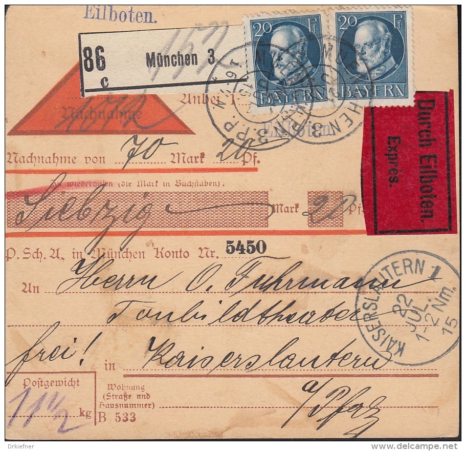 BAYERN  2x 97 I, 2x 104 I, MiF, Auf Nachnahme-Eil-Paketkarte, Gestempelt: München 21.JUL 1915 - Sonstige & Ohne Zuordnung