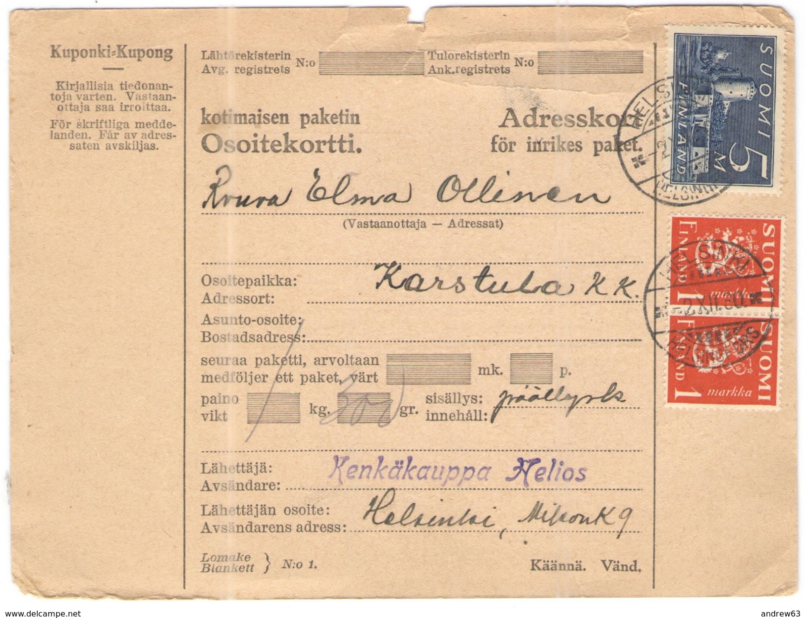 FINLANDIA - Finland - 1930 - Osoitekortti, Kotimaisen Paketin - Adresskort Paket Packet Freight Bill Card - Viaggiata Da - Colis Postaux