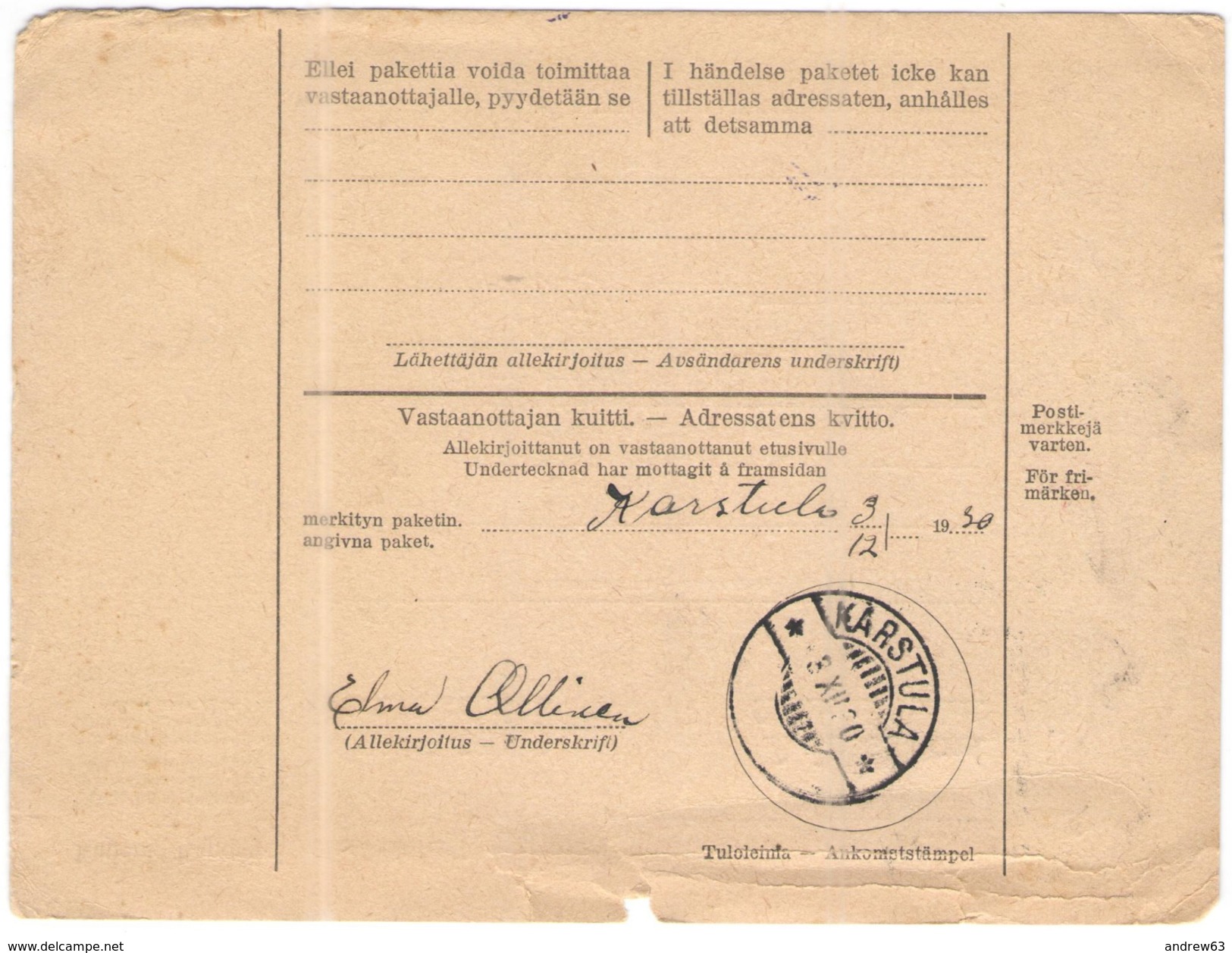 FINLANDIA - Finland - 1930 - Osoitekortti, Kotimaisen Paketin - Adresskort Paket Packet Freight Bill Card - Viaggiata Da - Parcel Post