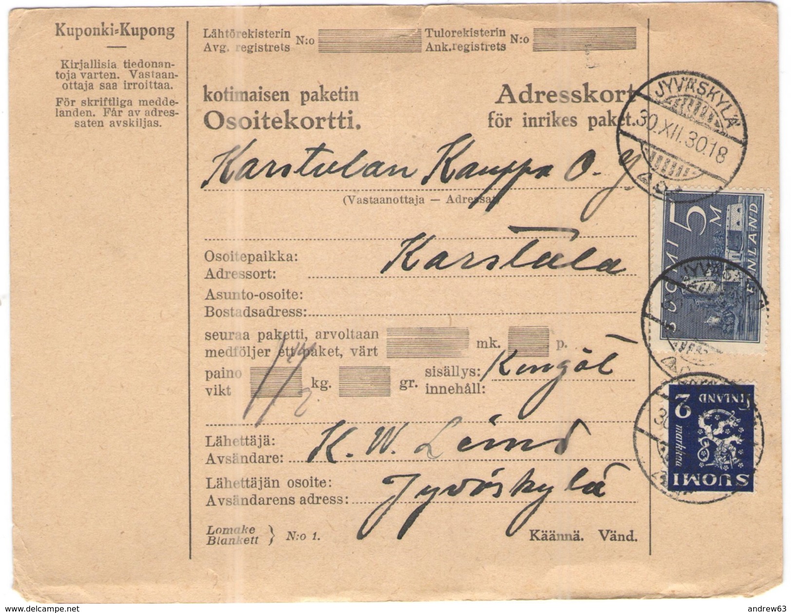 FINLANDIA - Finland - 1930 - Osoitekortti, Kotimaisen Paketin - Adresskort Paket Packet Freight Bill Card - Viaggiata Da - Paquetes Postales