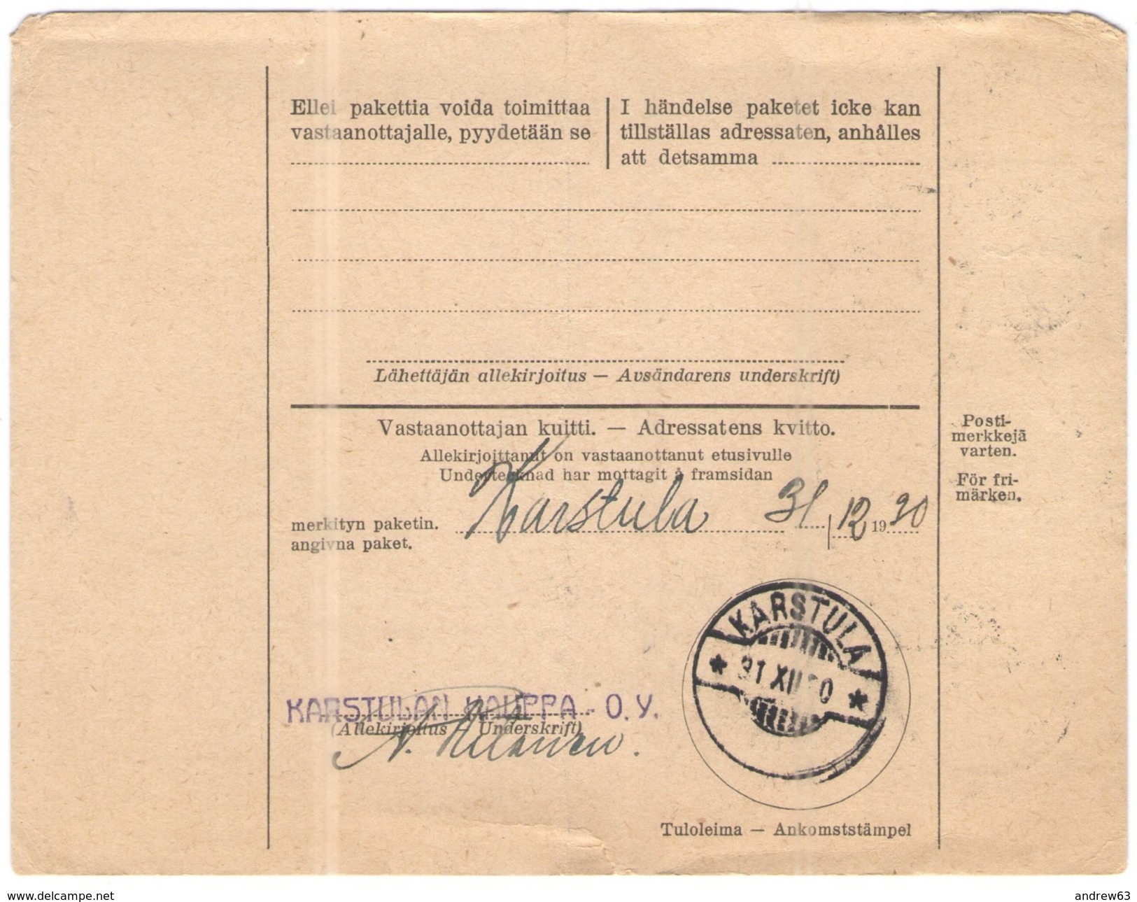 FINLANDIA - Finland - 1930 - Osoitekortti, Kotimaisen Paketin - Adresskort Paket Packet Freight Bill Card - Viaggiata Da - Colis Postaux