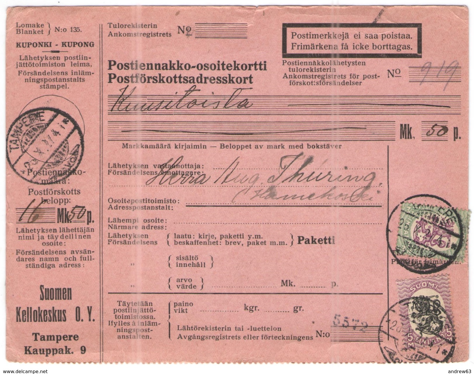 FINLANDIA - Finland - 1927 - Postiennakko-Osoitekortti - Adresskort Paket Packet Freight Bill Card - Viaggiata Da Tamper - Paketmarken