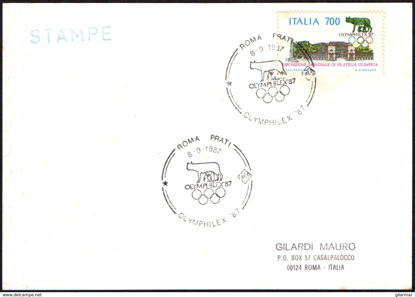 OLYMPIC - ITALIA ROMA 1987 - OLYMPHILEX ´87 - ANNULLO 8.09.1987 - CARD IMOS - Estate 1988: Seul