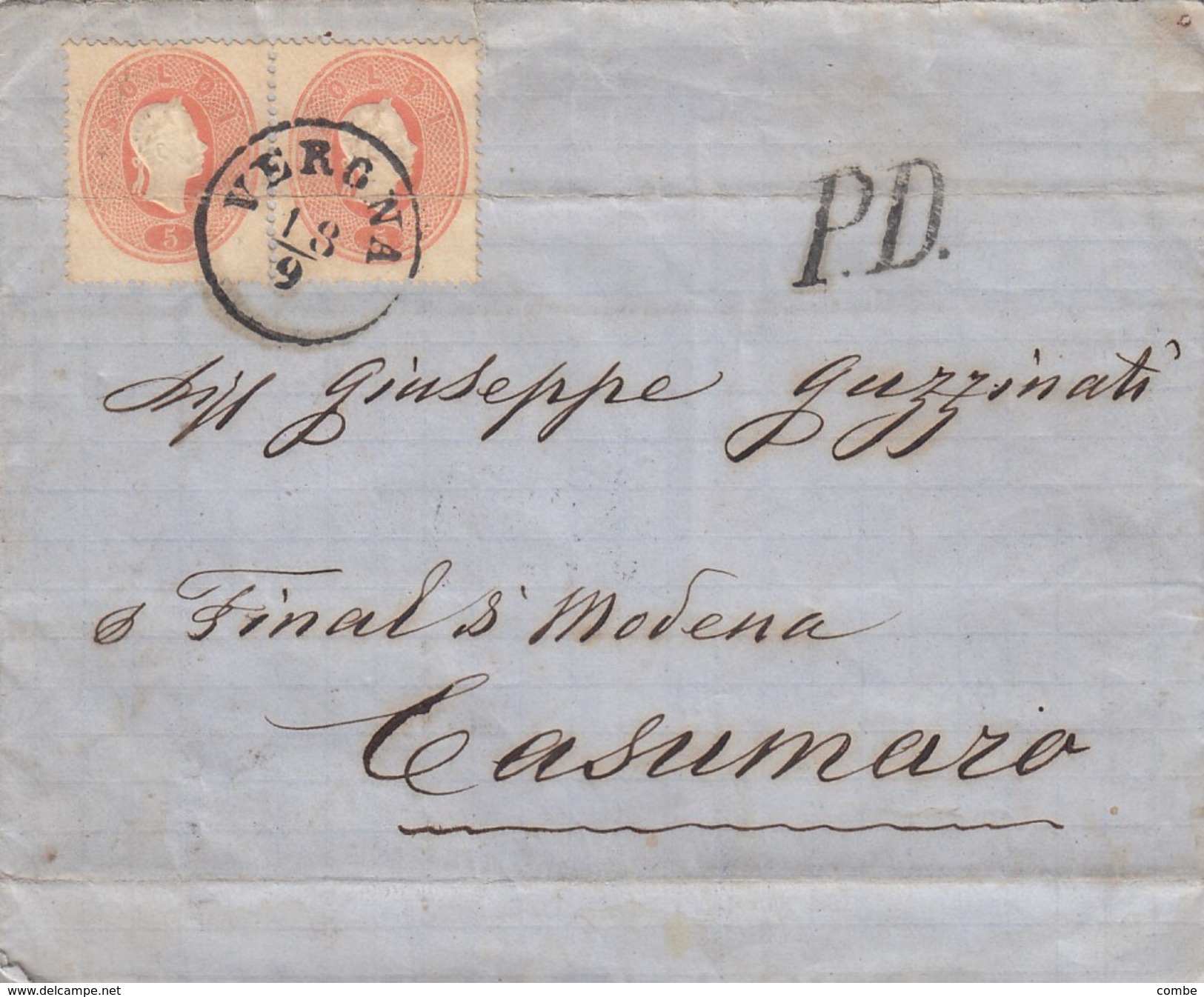 LETTRE. LOMBARDO-VENETIE.  18 9 1862. PAIRE 5 SOLDI. VERONA PD POUR CASUMARO. MODENA. FINALE DI MODENA. CASUMARO FERRARA - Lombardy-Venetia