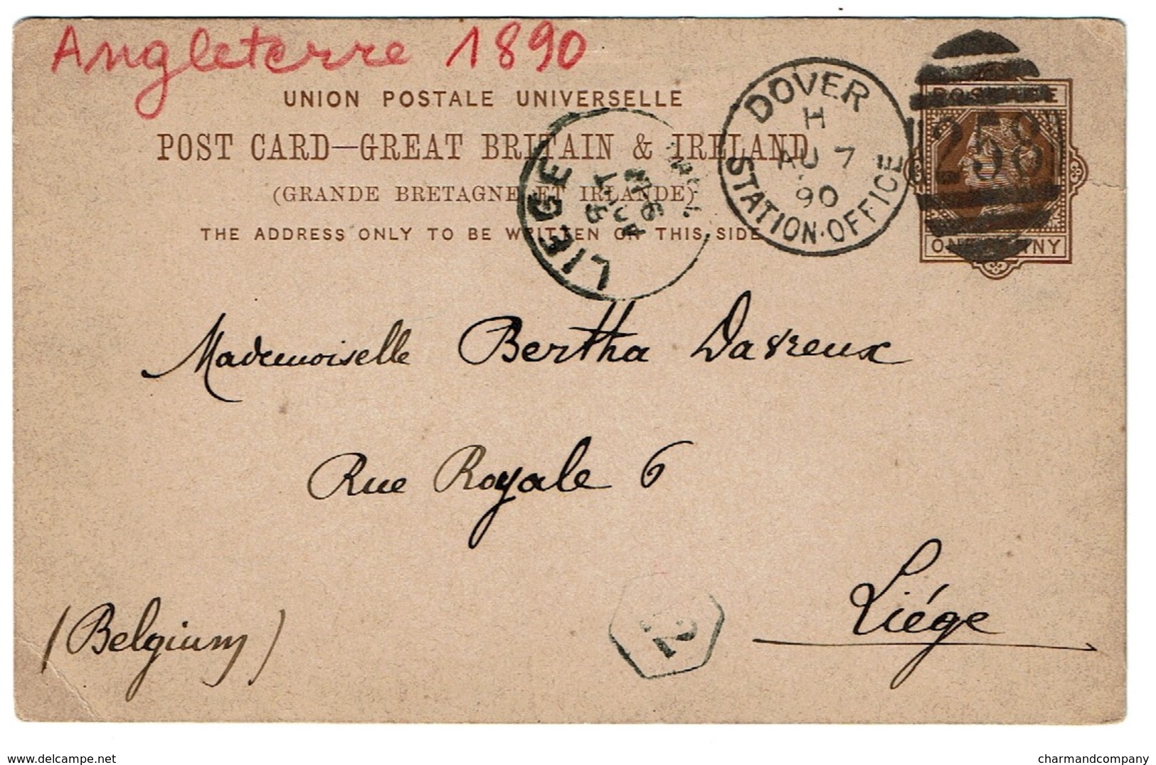 Postal Card 1890 Dover, Station Office 258 Duplex To Liège, Belgium - 2 Scans - Material Postal