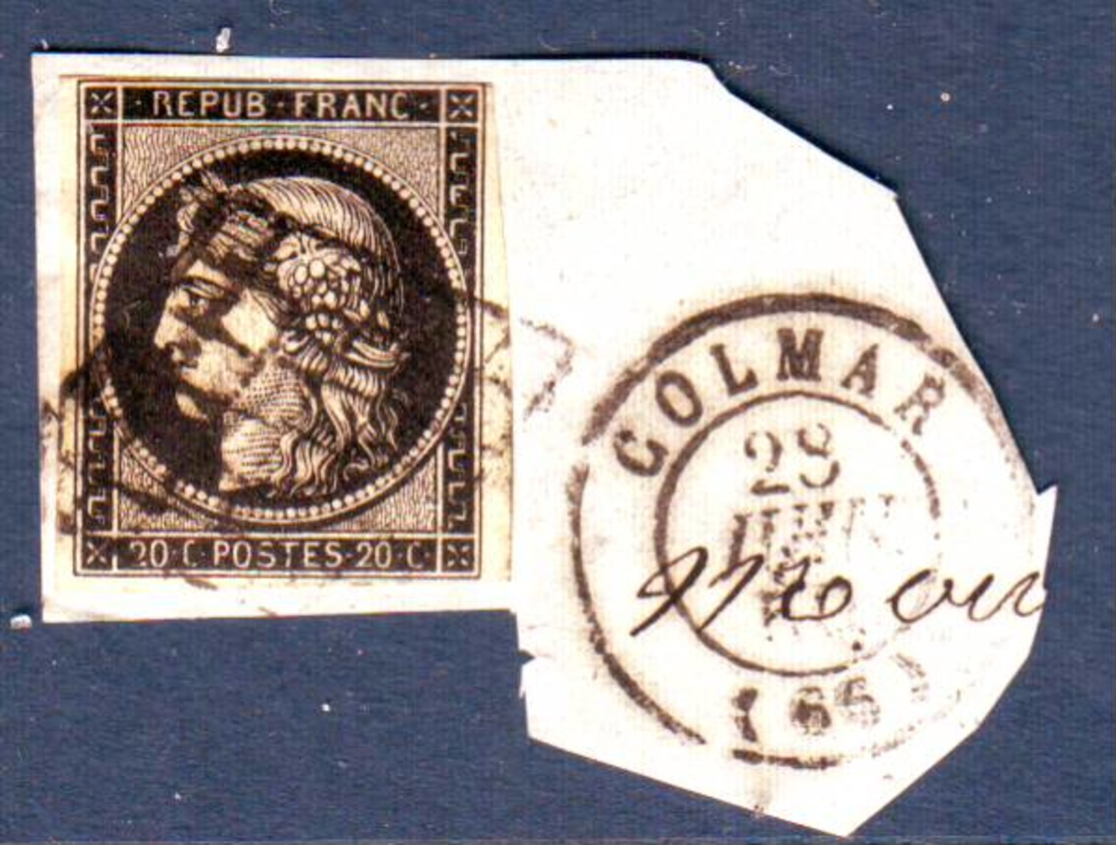 20c NOIR N° 3 TTB Obl Grille Cachet COLMAR 28 Juin 1850 Sur Fragment De Lettre ,  Haut Rhin - 1849-1850 Ceres