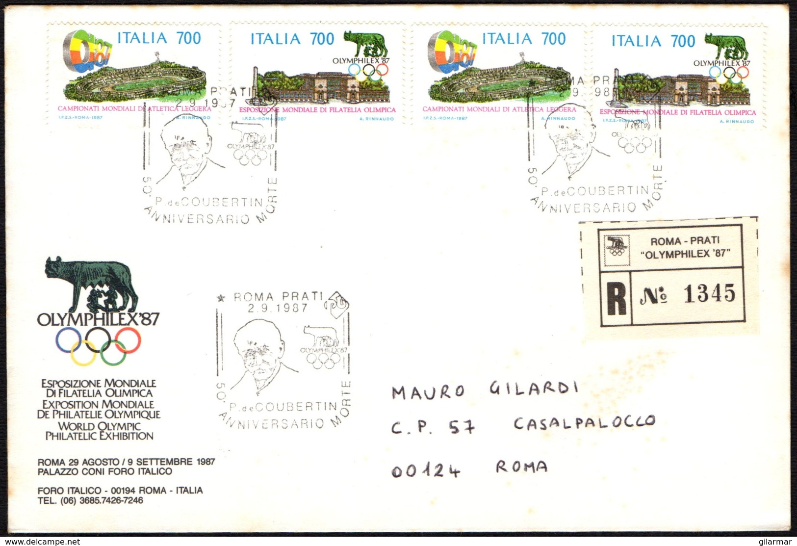 OLYMPIC - ITALIA ROMA 1987 - OLYMPHILEX '87 - 50° MORTE PIERRE DE COUBERTIN - REGISTERED / RACCOMANDATA - Estate 1988: Seul