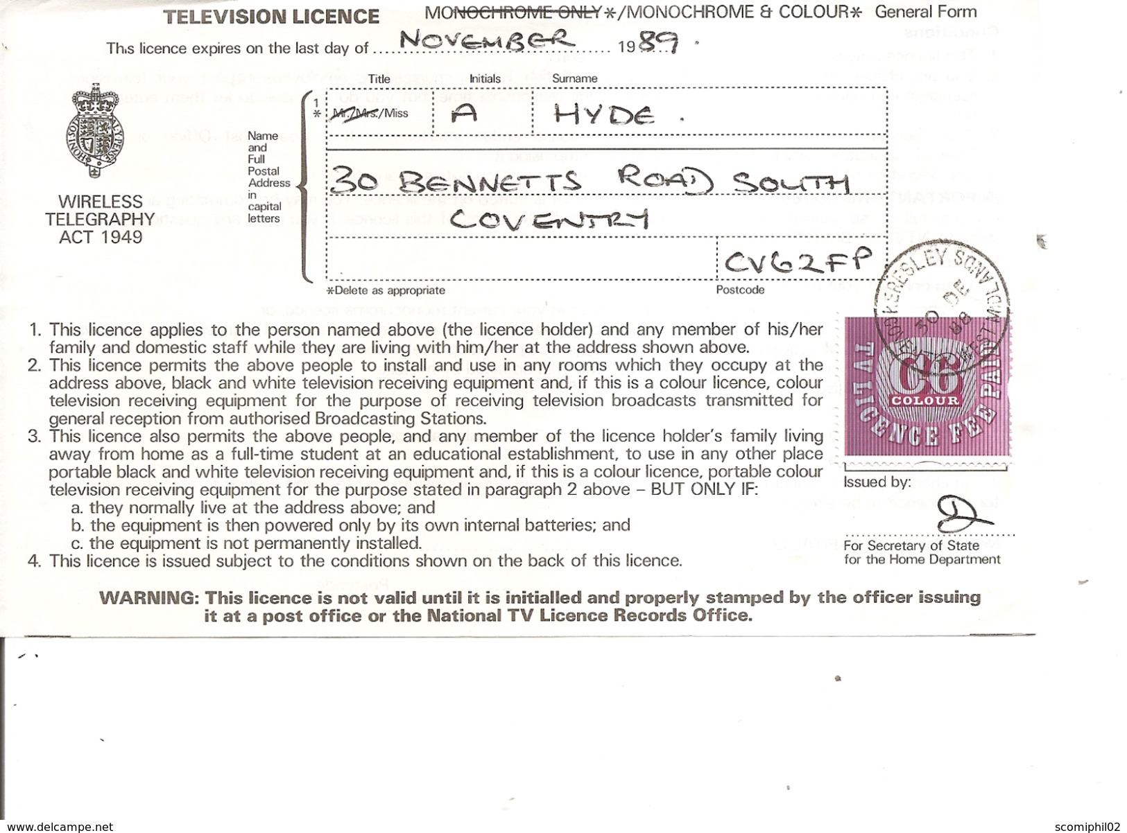 Grande-Bretagne -Licence De Télévision( Document De 1989 à Voir) - Fiscale Zegels