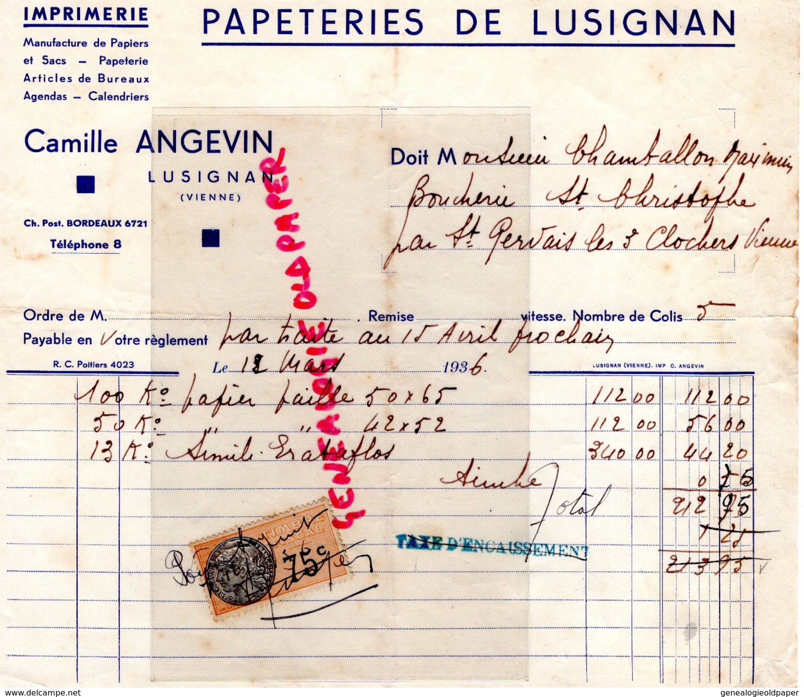 86- LUSIGNAN-FACTURE PAPETERIES DU LUSIGNAN- IMPRIMERIE CAMILLE ANGEVIN- PAPETERIE -1936-CHAMBALLON MAXIMIN ST GERVAIS - Printing & Stationeries