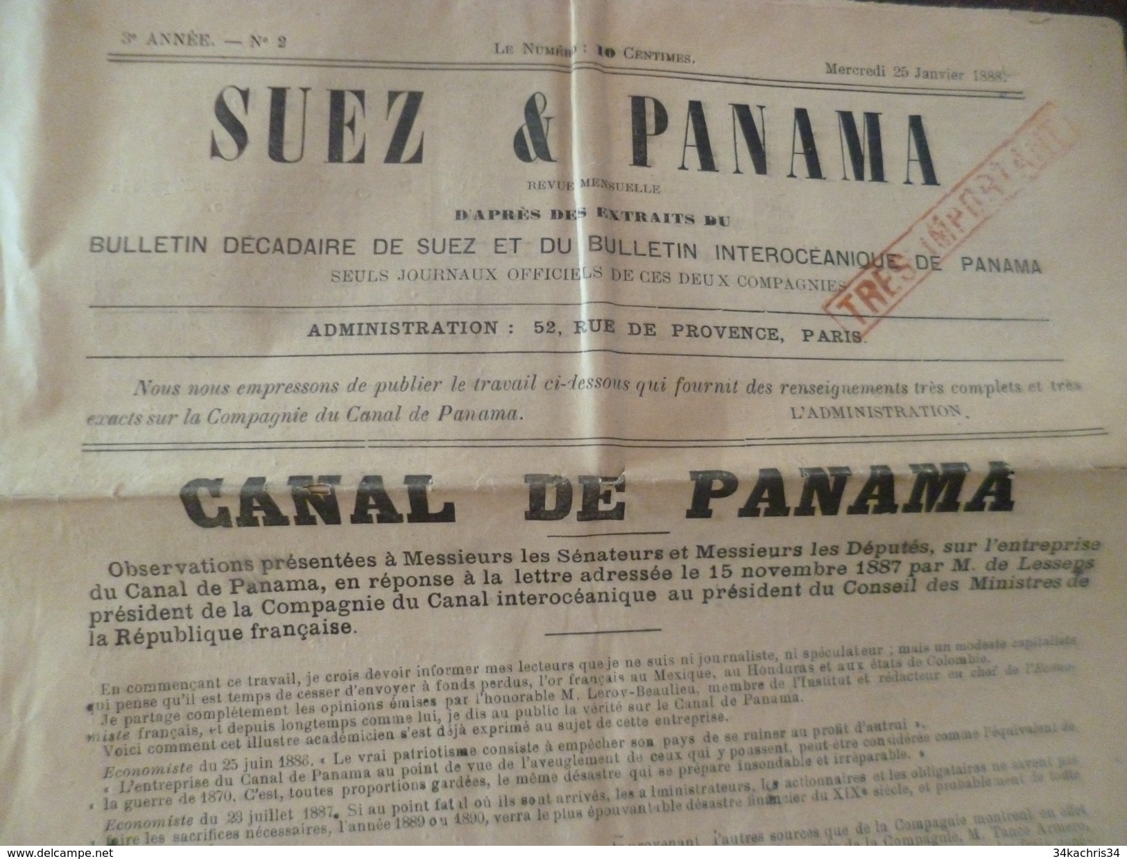 Journal Bulletin Suez Et Panama 25/01/1888 Quelques Déchirures 8 Pages - 1850 - 1899