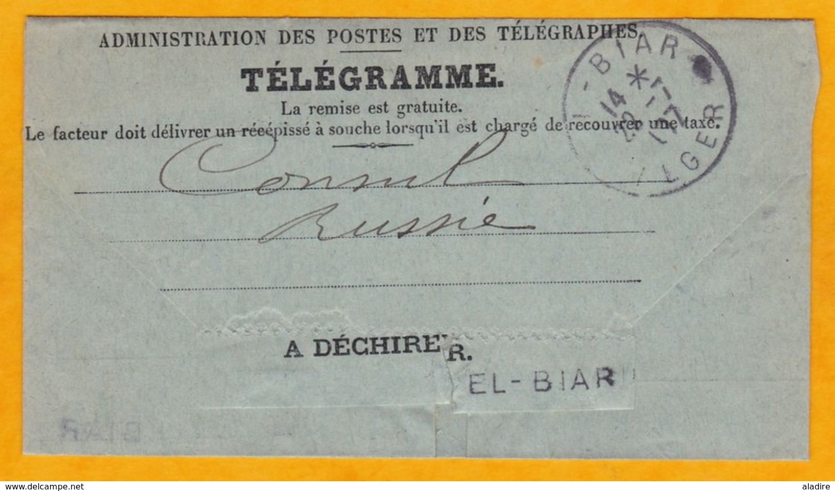 1907 - Télégramme De Lyon Gare Vers El Biar, Alger, ALGERIE Pour Le Consul De Russie - Télégraphes Et Téléphones
