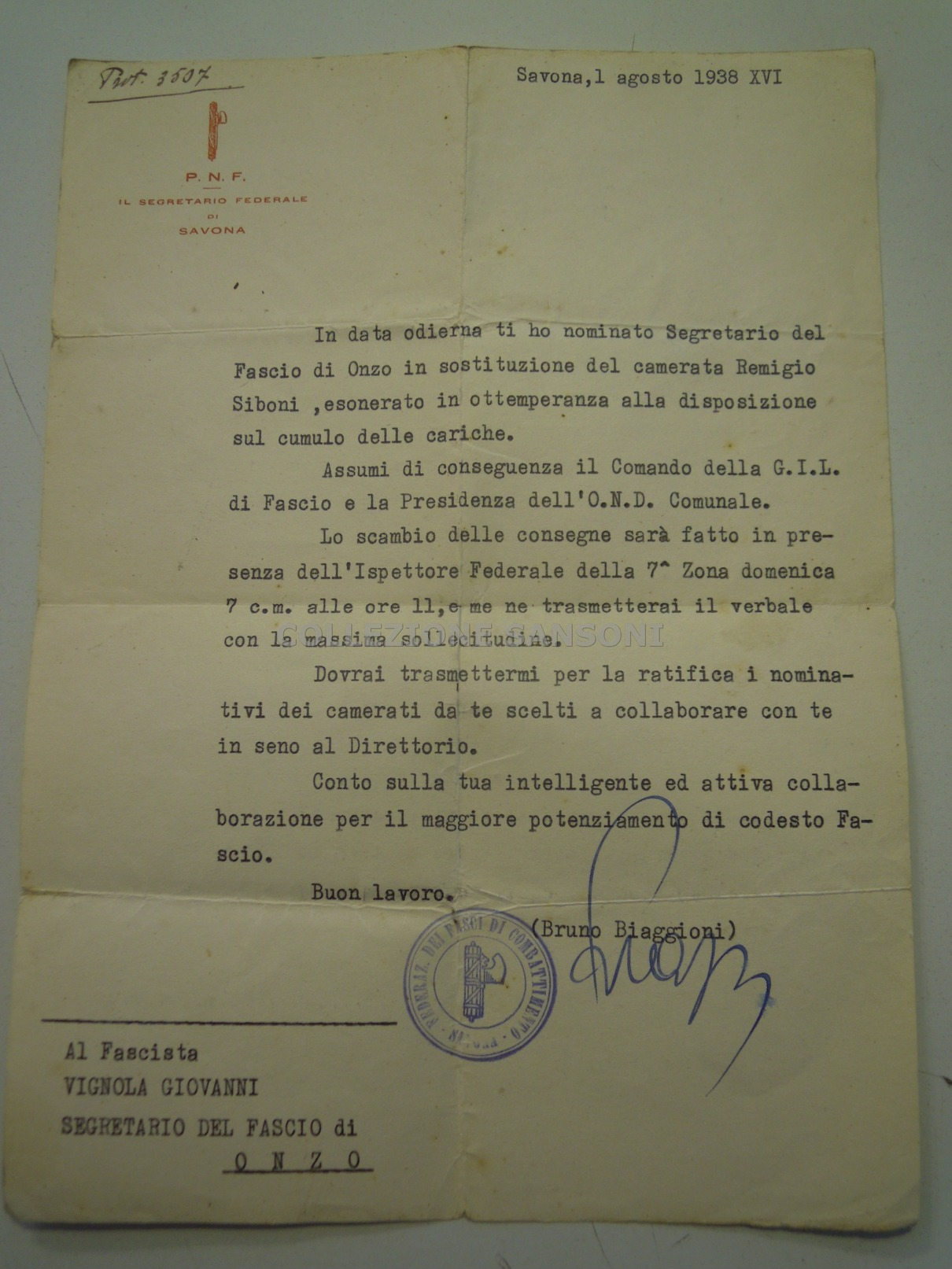 LETTERA DAL SEGRETARIO FEDERALE P.N.F. DI SAVONA 1938 - SEGRETARIO DEL FASCIO DI ONZO - FIRMA BRUNO BIAGGIONI - Documenti Storici