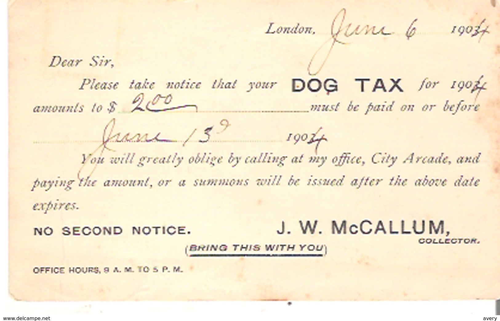 Canada Post Card Postage Paid Notice Of Dog Tax Collection, London, Ontario - London