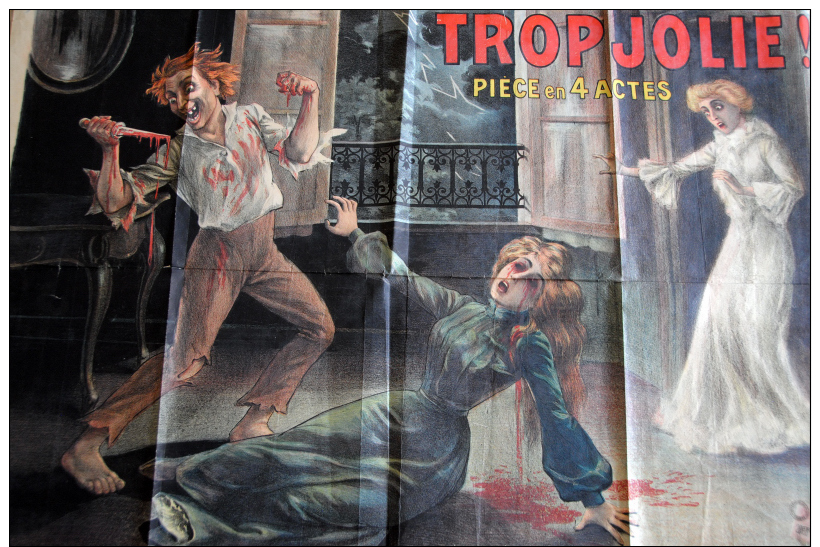 RARE AFFICHE ANCIENNE VERS 1900 THEATRE TROP JOLIE AVEC TIMBRE FISCAL OLD POSTER - Manifesti