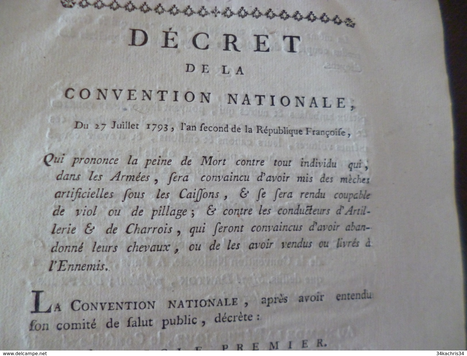 Décret De La Convention Nationale 27/07/1793 Peine De Mort Pour Les Violeurs, Pileurs, .....autographié - Wetten & Decreten