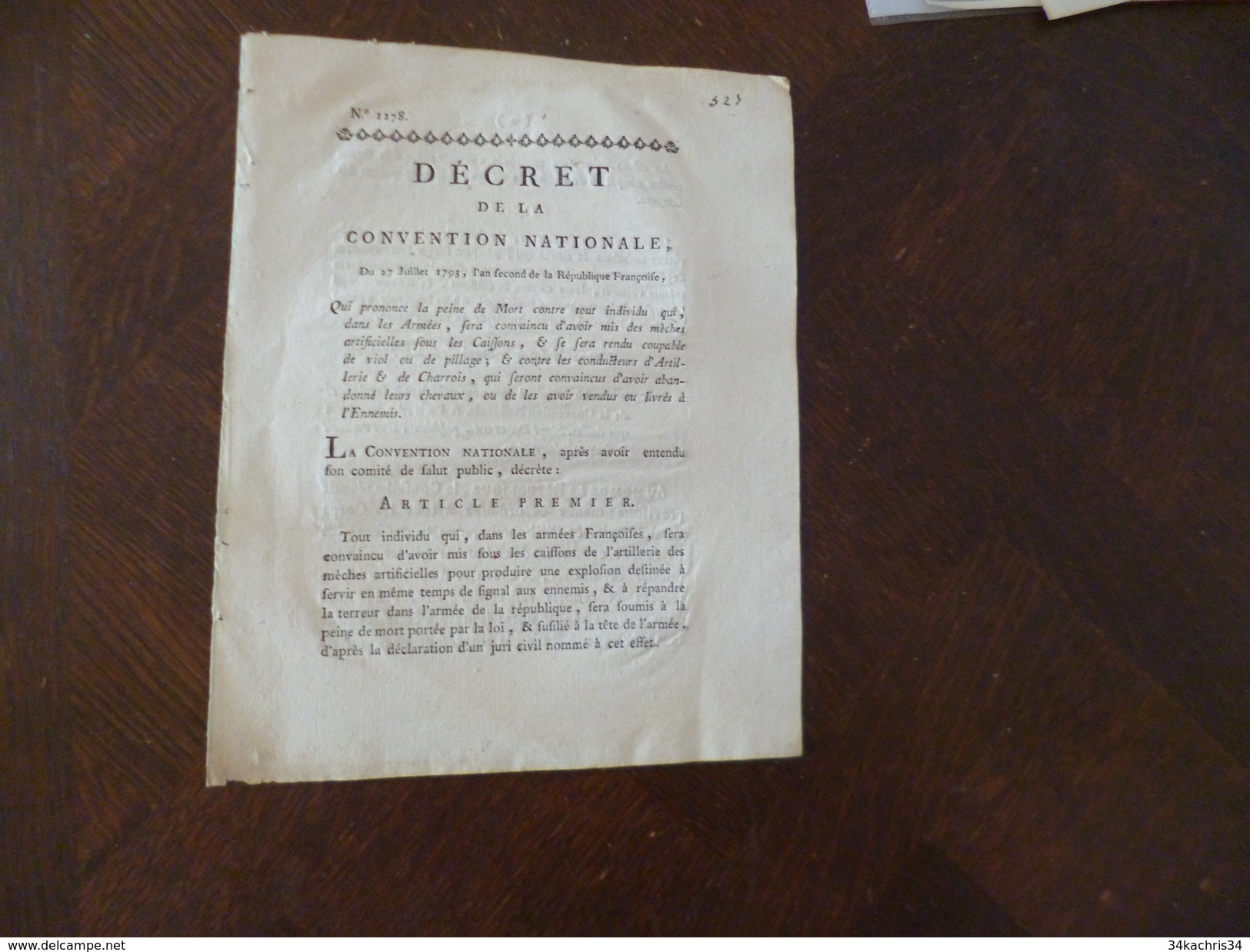 Décret De La Convention Nationale 27/07/1793 Peine De Mort Pour Les Violeurs, Pileurs, .....autographié - Décrets & Lois