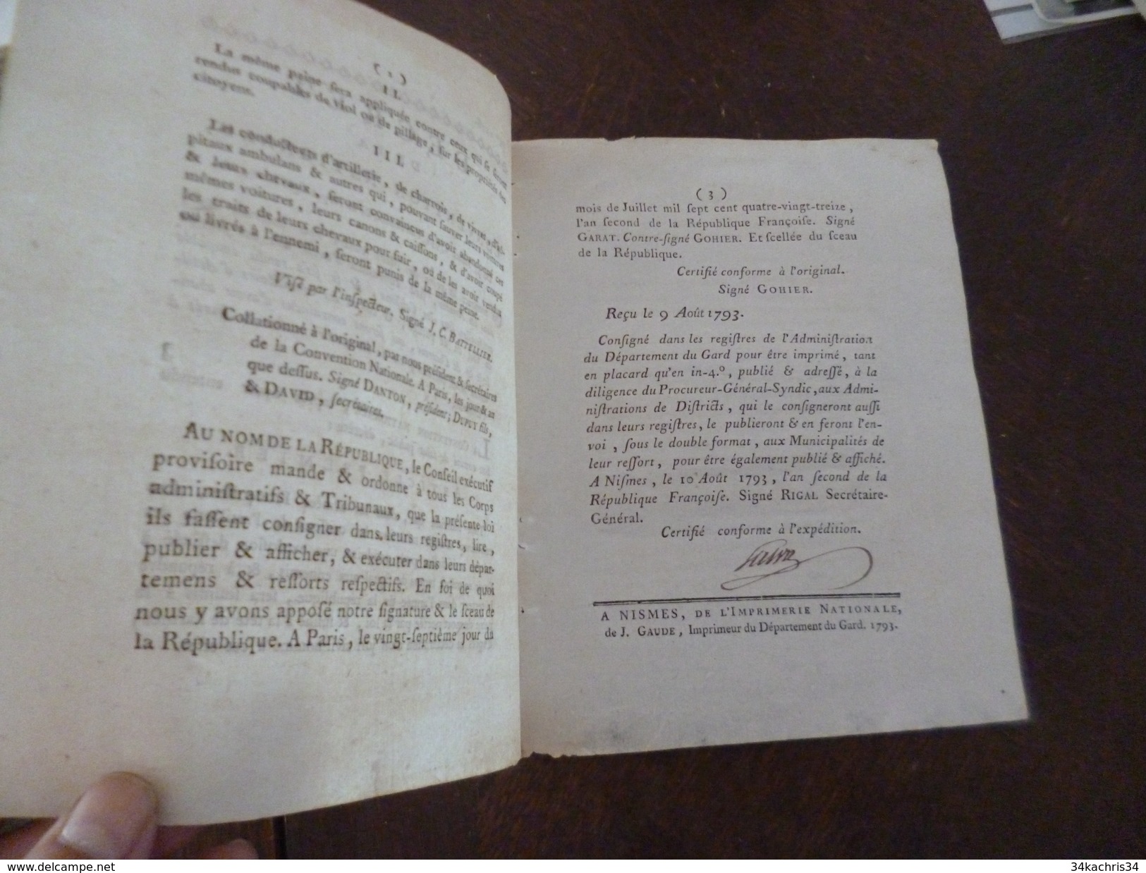 Décret De La Convention Nationale 27/07/1793 Peine De Mort Pour Les Violeurs, Pileurs, .....autographié - Gesetze & Erlasse