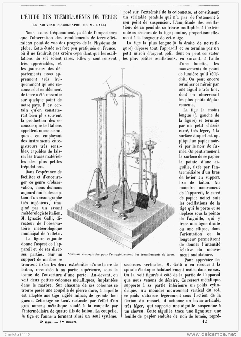 L'ETUDE DES TREMBLEMENTS DE TERRE Le Nouveau SISMOGRAPHE De M. GALLI   1880 - Autres & Non Classés