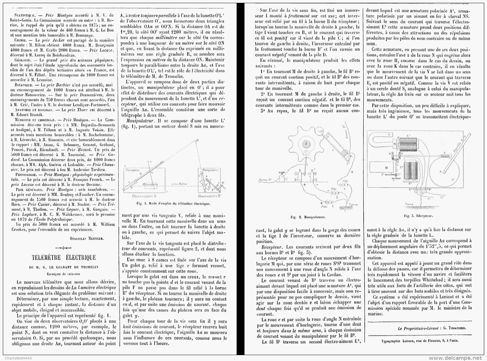 TELEMETRE ELECTRIQUE De  M. G. LE GOARANT DE TROMELIN   1880 - Autres & Non Classés