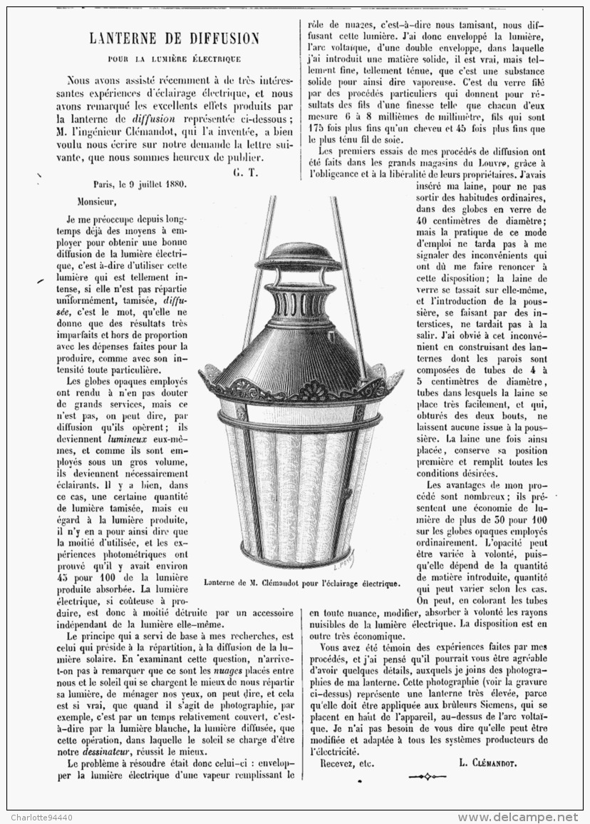 LANTERNE DE DIFFUSION Pour La LUMIERE ELECTRIQUE De M. CLEMANDOT   1880 - Autres & Non Classés