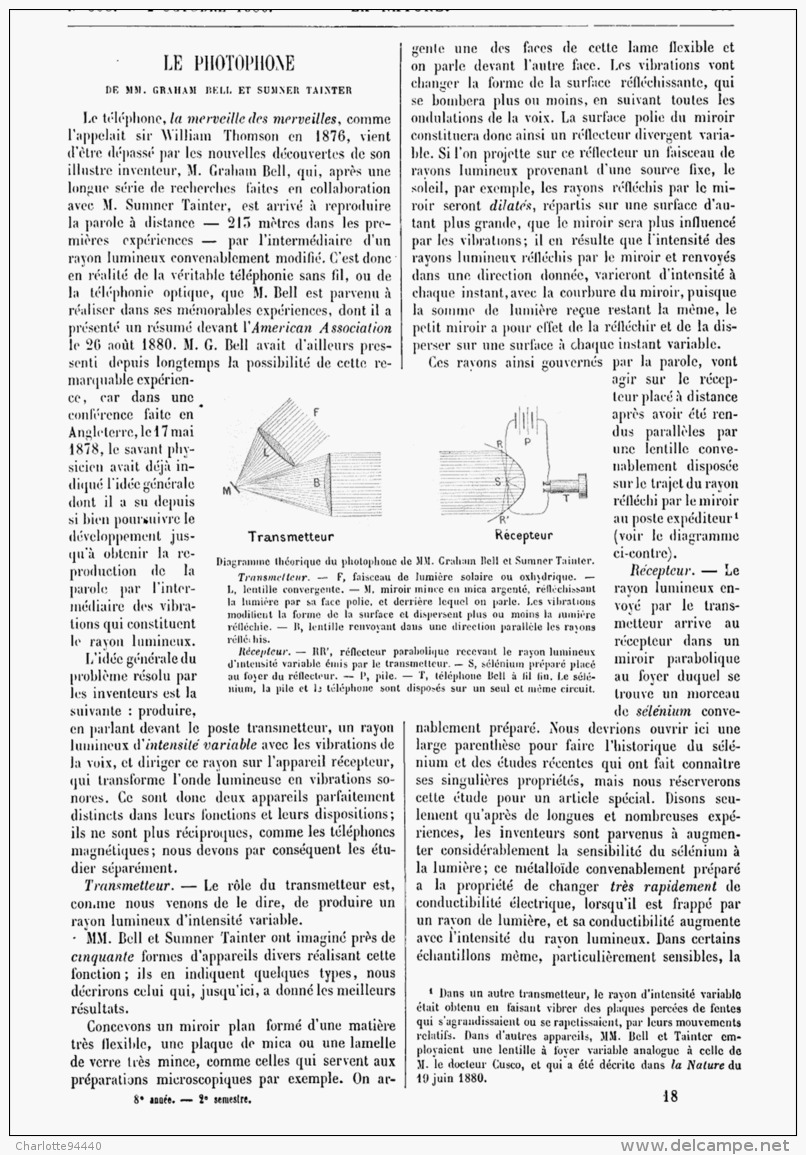 LE PHOTOPHONE De MM. GRAHAM BELL Et  SUMMER TAINTER  1880 - Telefonia